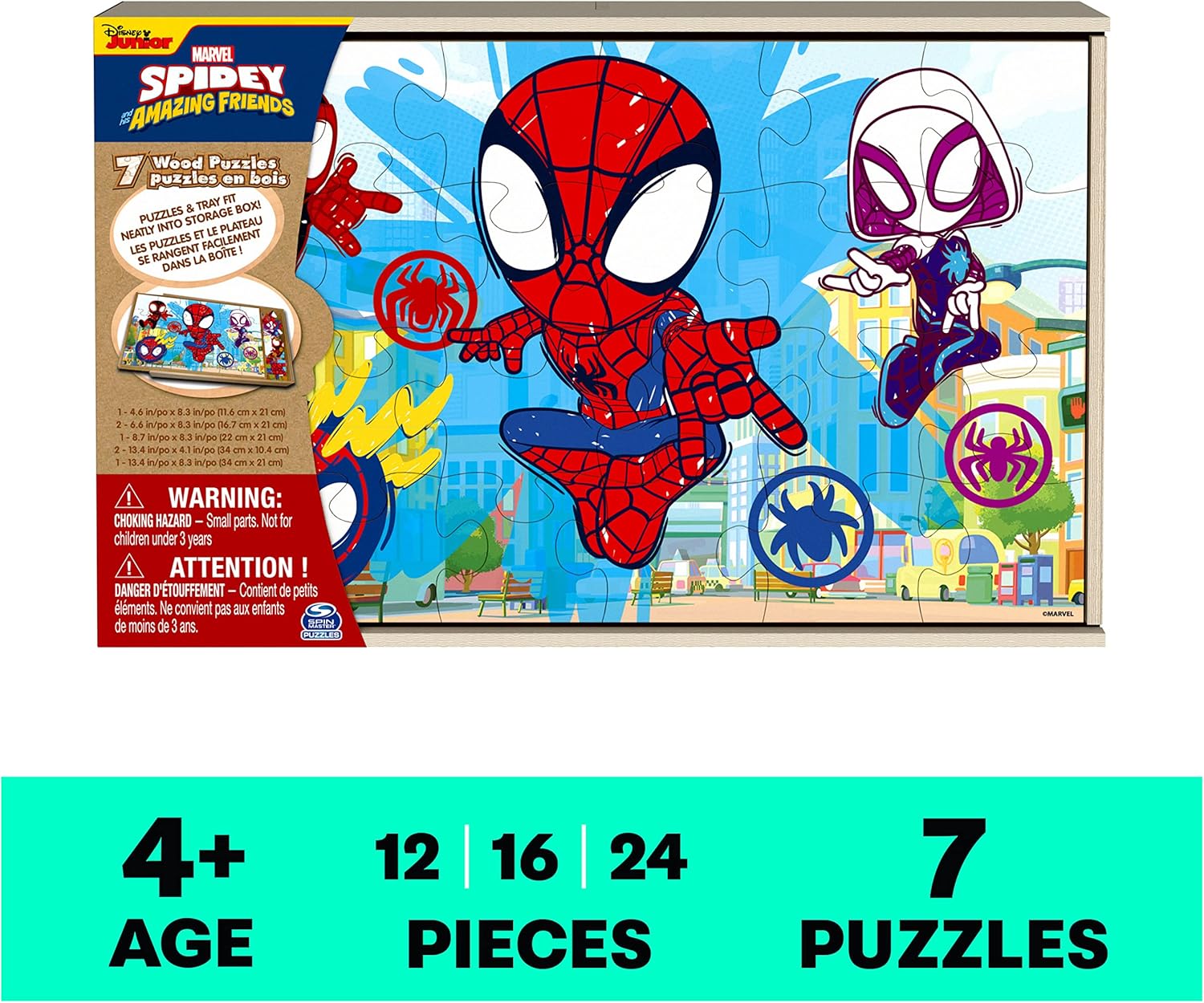 Spin Master Games, Marvel Spidey and His Amazing Friends Puzzles 7-Pack, Jigsaw Kids Puzzles with Sliding Wood Storage Box, Spiderman Toys, for Kids Ages 4 & Up