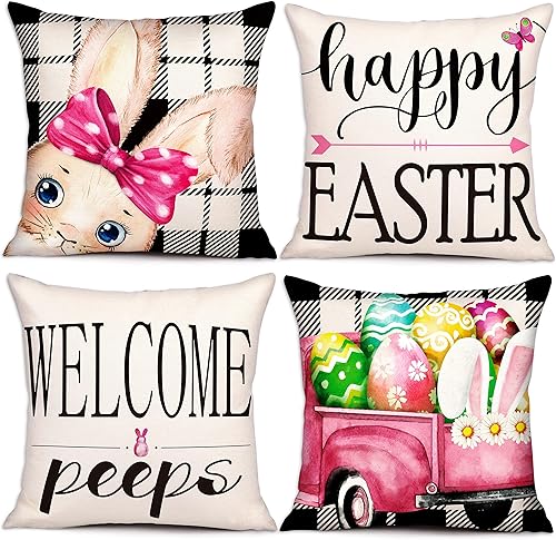 Geefuun Juego de 4 fundas de almohada de Pascua de 18 x 18 pulgadas, decoraciones de Pascua, fundas de almohada para sofá, fundas de almohada para