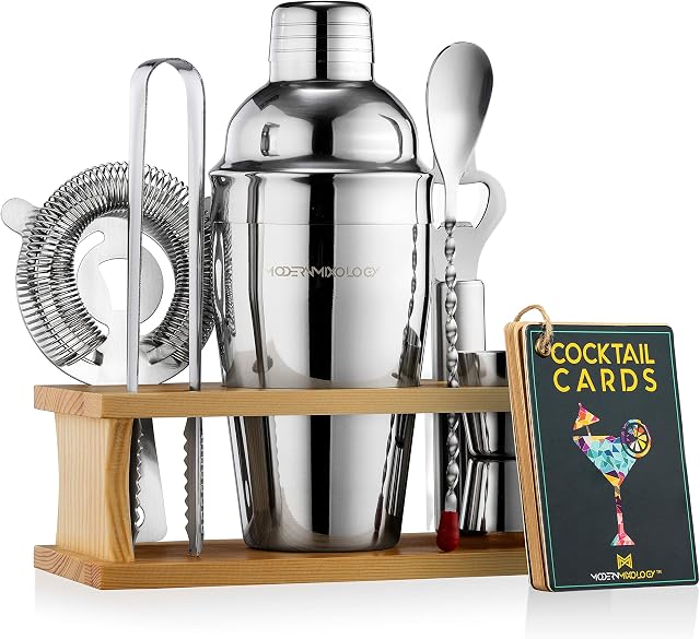 Modern Mixology Cocktail Shaker Set - 8-Piece Cocktail Making Set - Cocktail Shaker, Jigger, Spoon, Tongs and Display Stand - Bartender Kit Gift Set - Silver