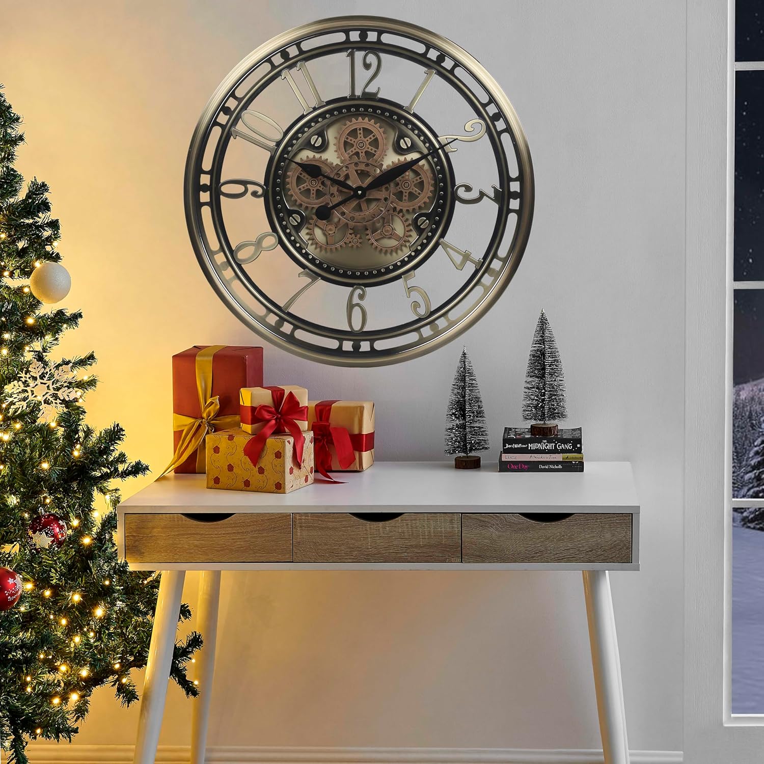 CLXEAST 28 Inch Large Moving Gear Wall Clock for Living Room Decor, Modern Farmhouse Wall Clock for Home Office,Brass Gold,House Warming Gifts New Home