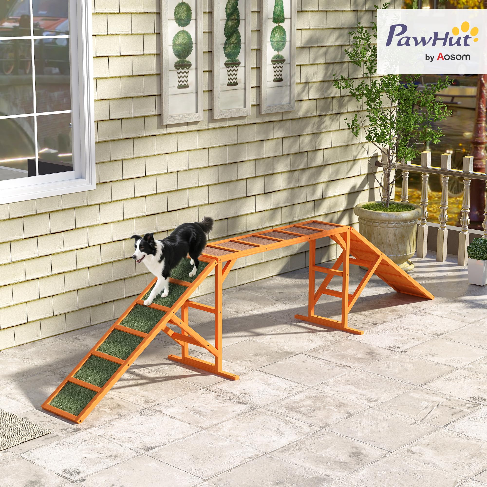 PawHut Hunde Agility Steg Agility-Ausrüstung für Hunde mit Sicherheitsstange Rutschfester Oberfläche wetterfest Agility-Gerät als Laufsteg & Trainingsequipment bis 40 kg für Garten 335x55x60cm Orange