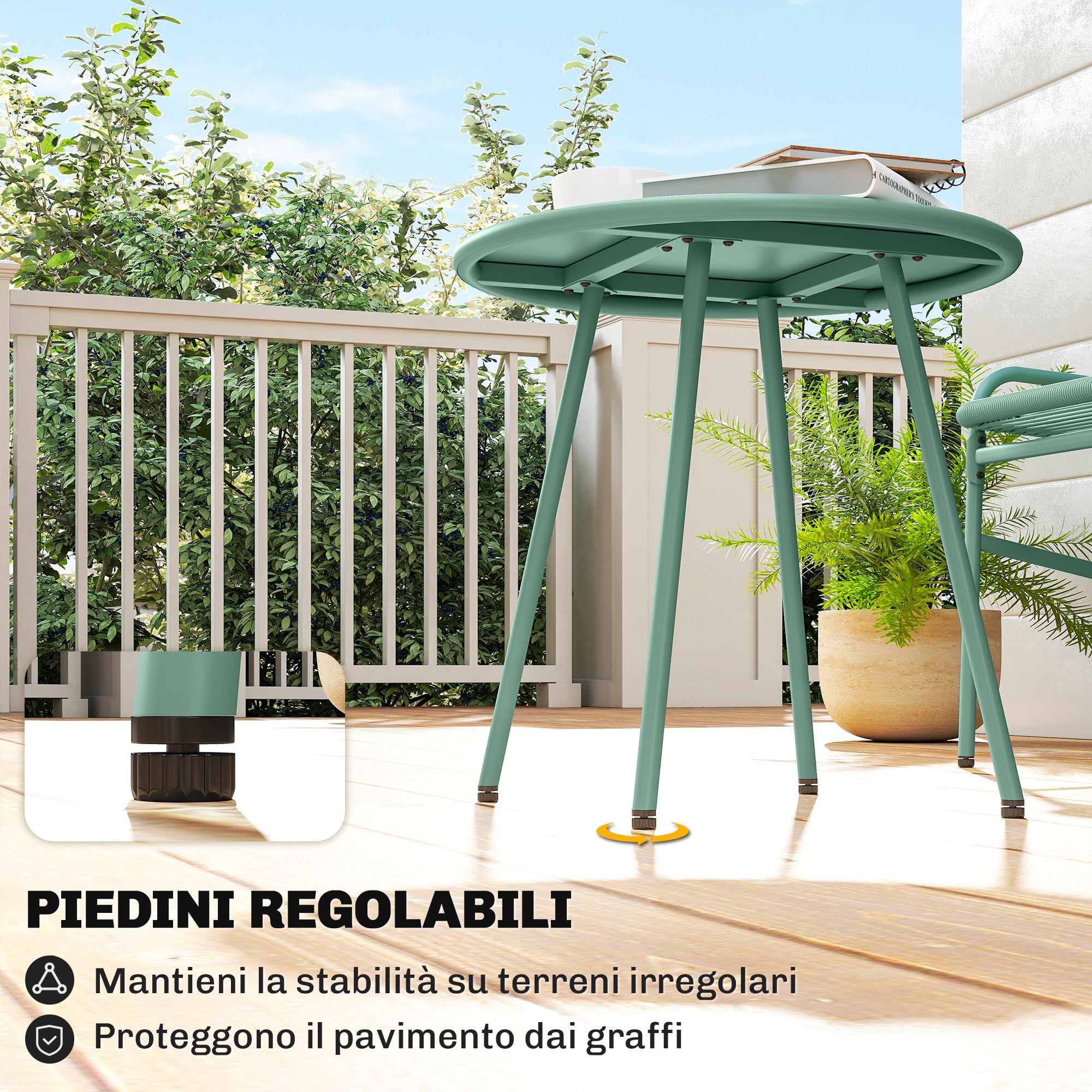 Outsunny Set da Bistrò in Rattan da 3 Pezzi, Set da Giardino con 2 Sedie, Tavolo Rotondo con Piano Metallo, Set di Mobili da Giardino Struttura in Acciaio Zincato, per Patio Balcone Terrazzo, Verde