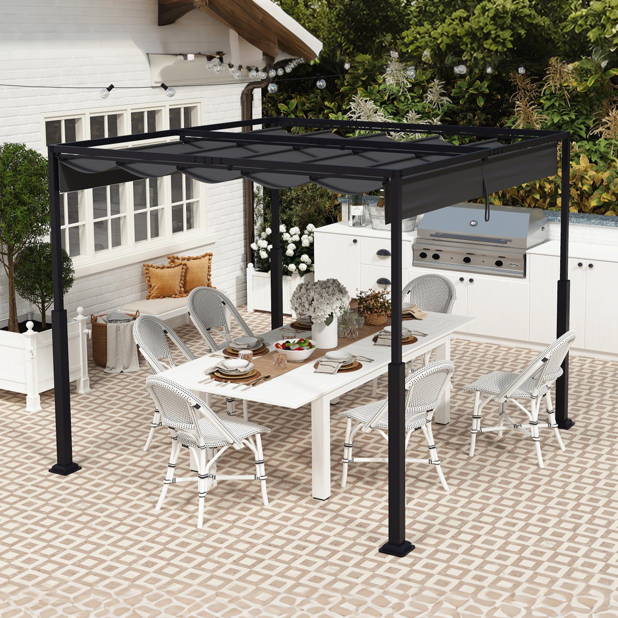 ACXIN Pergola z przesuwnym dachem, zadaszenie tarasu ze stalowej ramy, wodoodporny poliester powlekany PA 160 g, wolnostojący pawilon ogrodowy z regulowaną ochroną przed słońcem (czarna, 3 x 3 m)