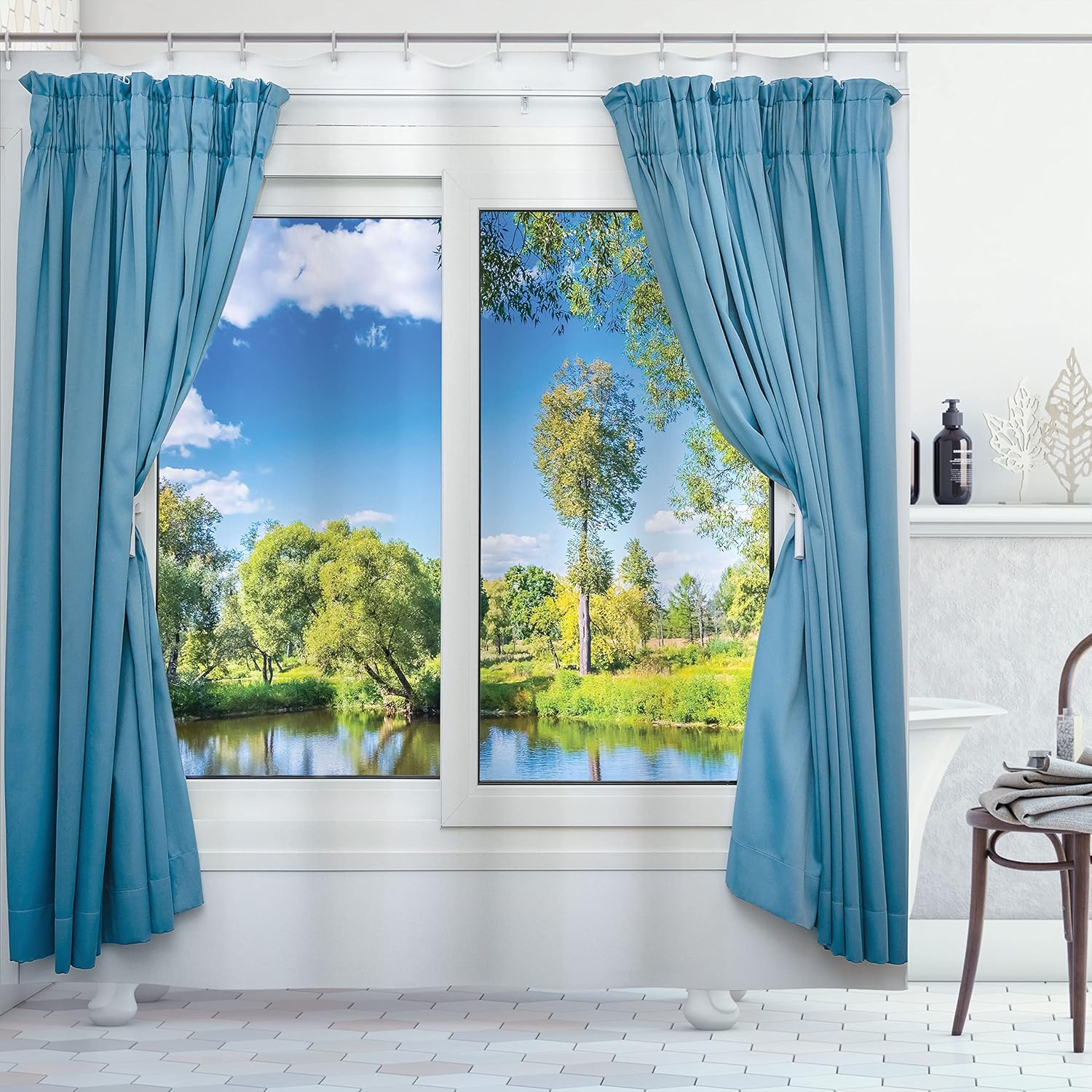Ambesonne Country Shower Curtain, Rural View from The Window Reflection in Water Lake Tree in Summertime, Cloth Fabric Bathroom Decor Set with Hooks, 69" W x 84" L, White Blue