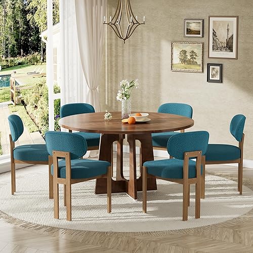Miniatura 10 de Moderno juego de mesa de comedor de 5 piezas con 4 sillas, mesa de comedor redonda de madera de nogal MDF, sillas tapizadas de tela gris con patas