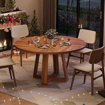 coucheta Round Dining Table for 4-6 People, 47" Dining Room Table with Wooden Cross Pedestal Base, Circle Dinner Table, Modern Kitchen Table for Living RoomWalnut