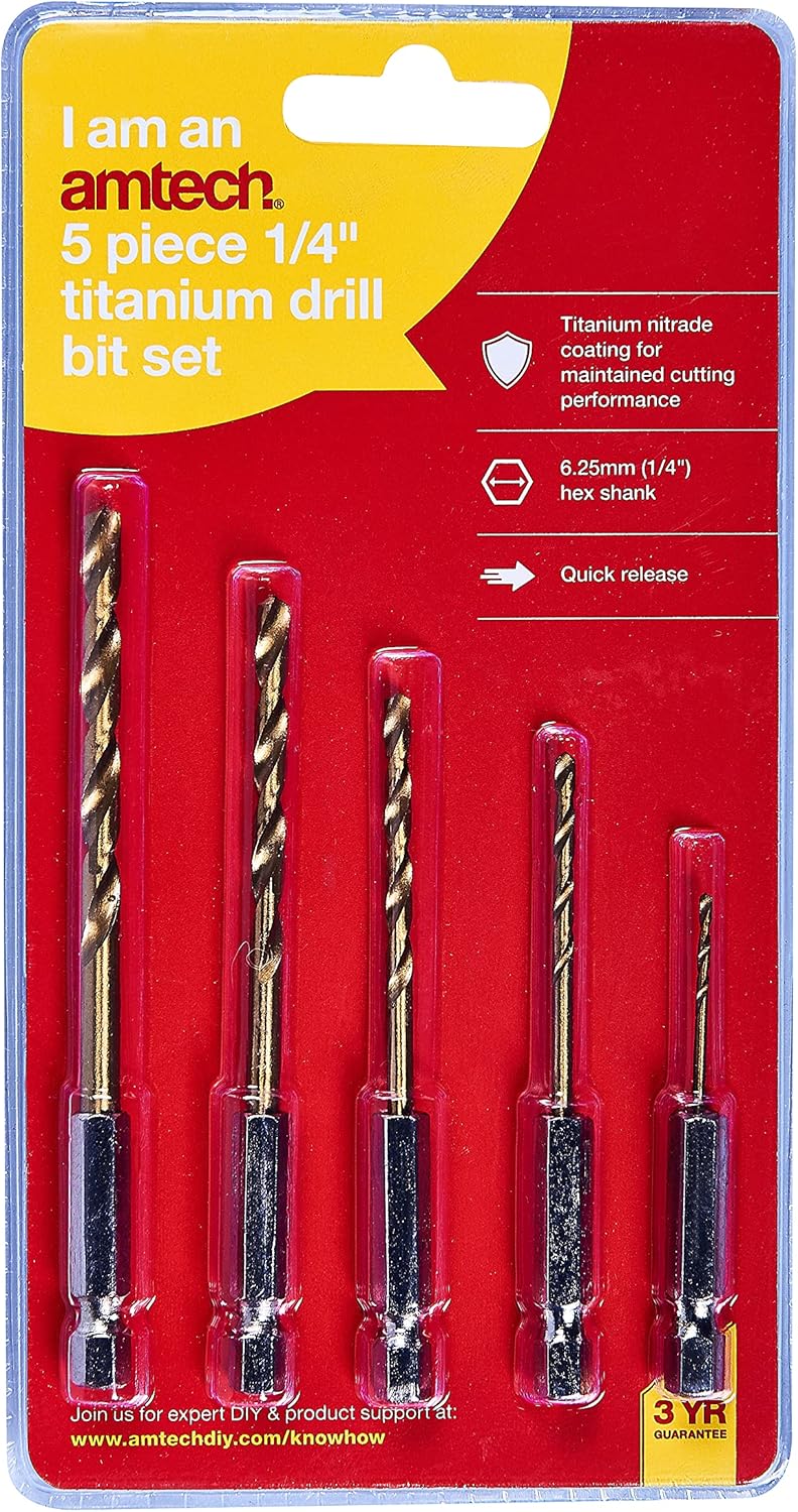 Amtech F1110 5 Piece 6.25mm (1/4") Titanium Coated high Speed Steel (HSS) Drill bit Set