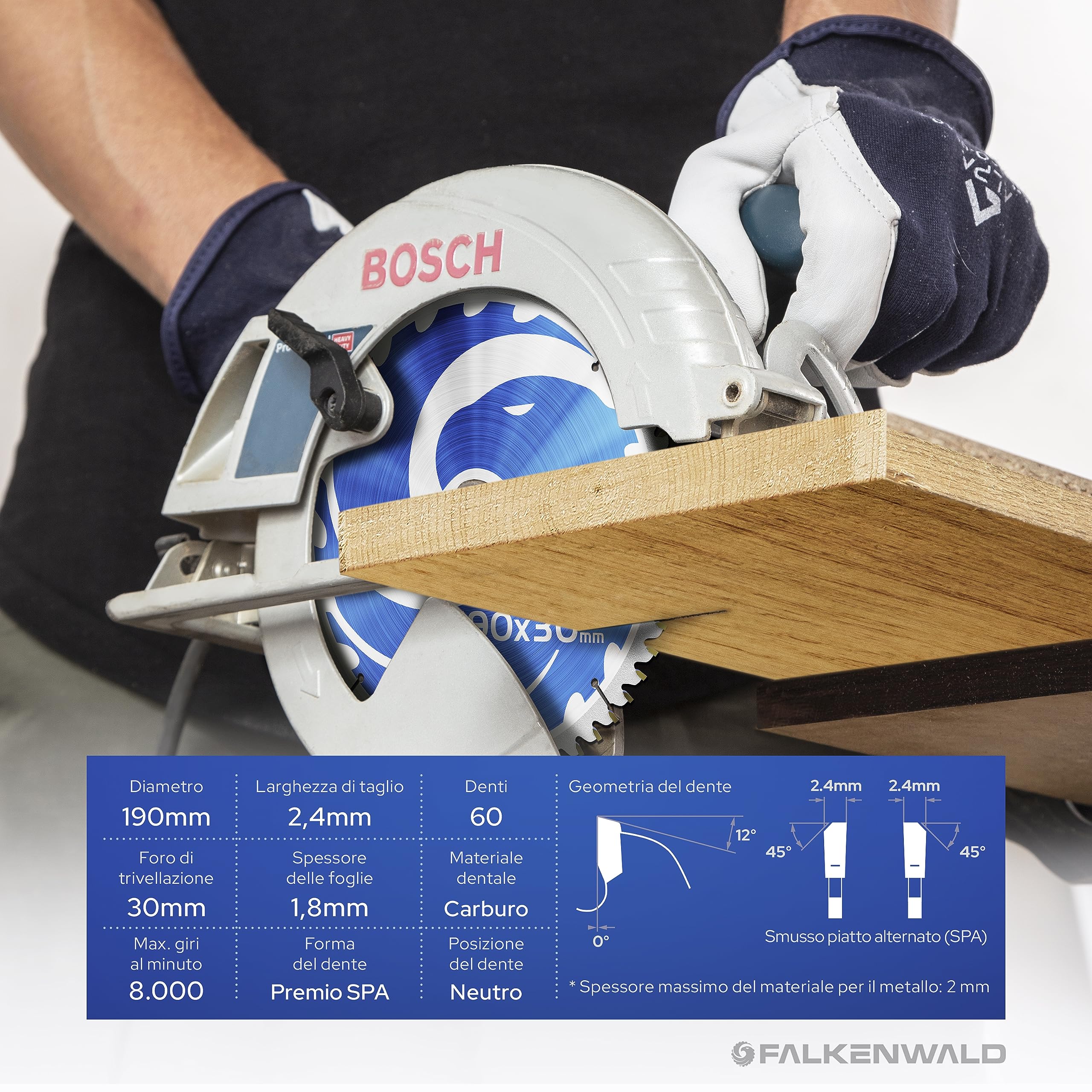 FALKENWALD® - lama sega circolare 190 x 30 mm, per legno, metallo e alluminio compatibile con sega circolare a mano bosch reaxx table saw e Makita