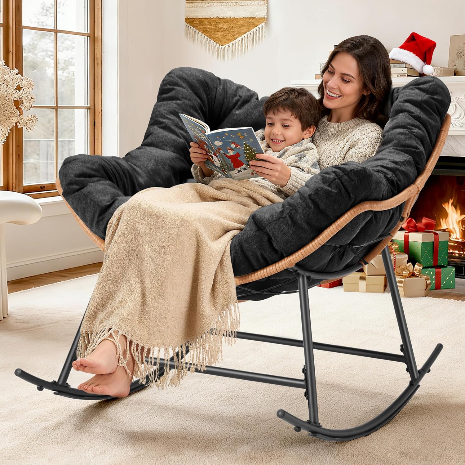 Outdoor Comfy Rocking Chair with Thick Cushion, Rattan Rocker Egg Chair Indoor with Straps, Patio Rocking Chair 450lbs for Garden, Backyard, Balcony, Lawn, Bedroom, Living Room (Black)