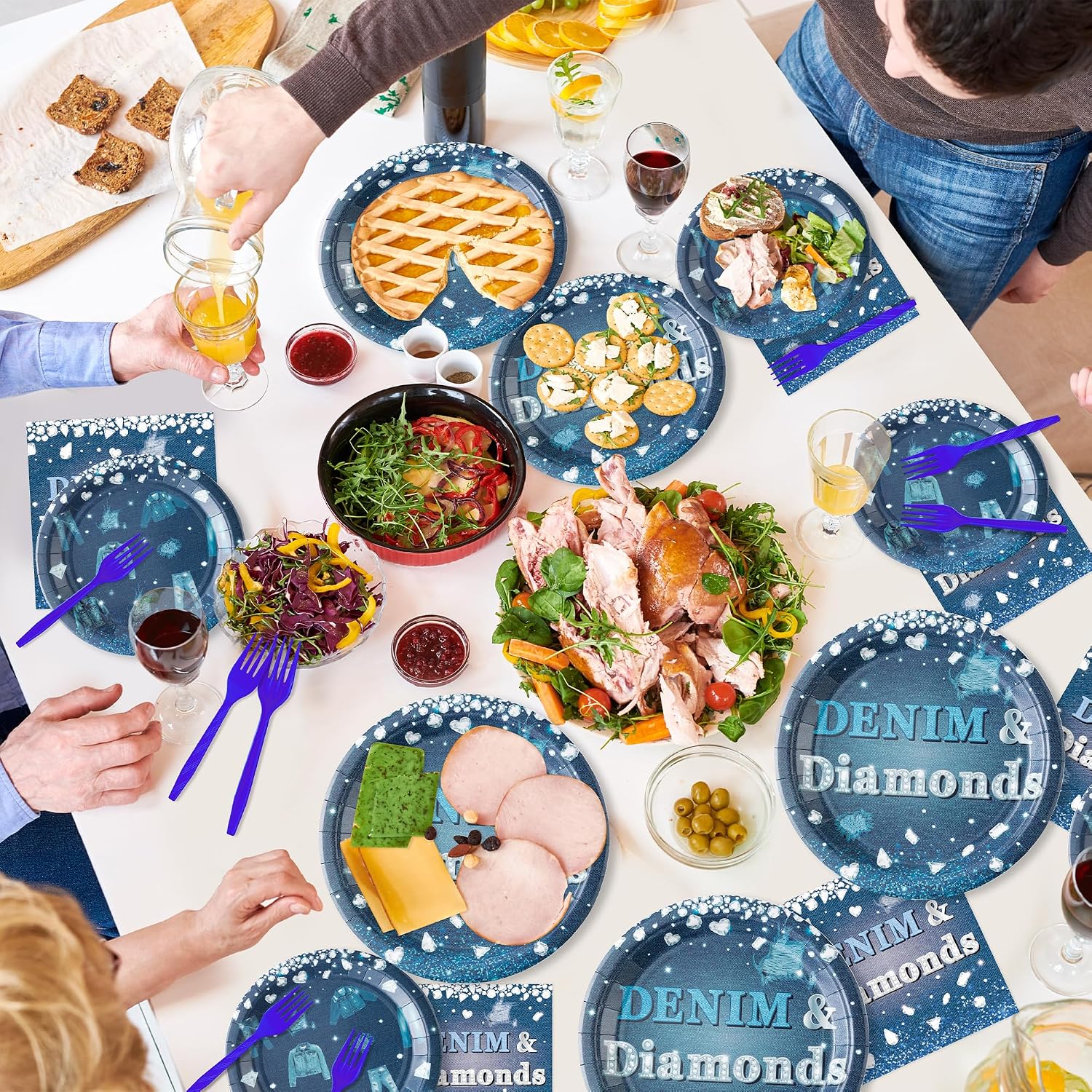 K1tpde Denim and Diamonds Party Tableware - 192PCS Denim Theme Jacket Jeans Tableware Set Included Paper Plates Napkins and Forks, Crystal Birthday Party Supplies for Bachelorette Wedding Decor, 48set