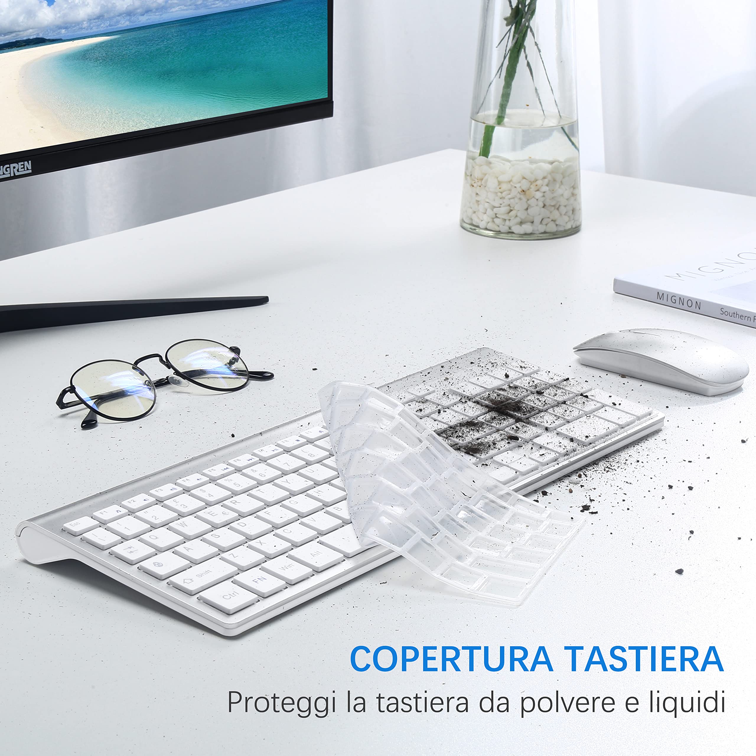 TopMate Kit Tastiera e Mouse Wireless UltraSottili, 2.4G USB Silenzioso Set 2400DPI Mouse e Tastiera Senza Fili Compatto con Coperchio, Batterie 2 AA+2 AAA, per PC/Laptop/Windows/Mac- Argento Bianco