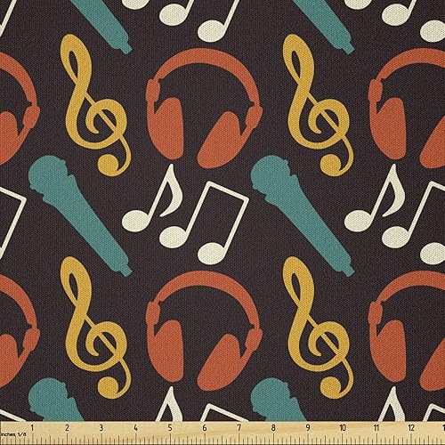 Ambesonne Music Fabric by The Yard, Notes and DJ Headphones Pop Art Style Retro Sound Melody Rhythm Pitch Beats Graphic, Microfiber Fabric for Arts