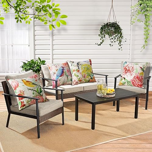 Miniatura 3 de OTOSTAR Paquete de 4 fundas de almohada impermeables para exteriores, 18 x 18 pulgadas, de lino, flores, pájaros, fundas decorativas para cojines,