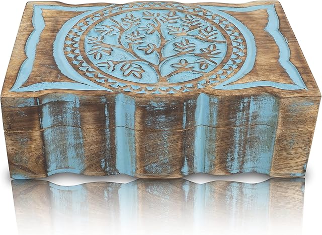 Great Birthday Gift Handmade Decorative Wooden Jewelry Box Tree Of Life Carving Jewelry Organizer Keepsake Box Treasure Chest Trinket Holder Watch Box Storage Lock Box Housewarming Gift (Blue)