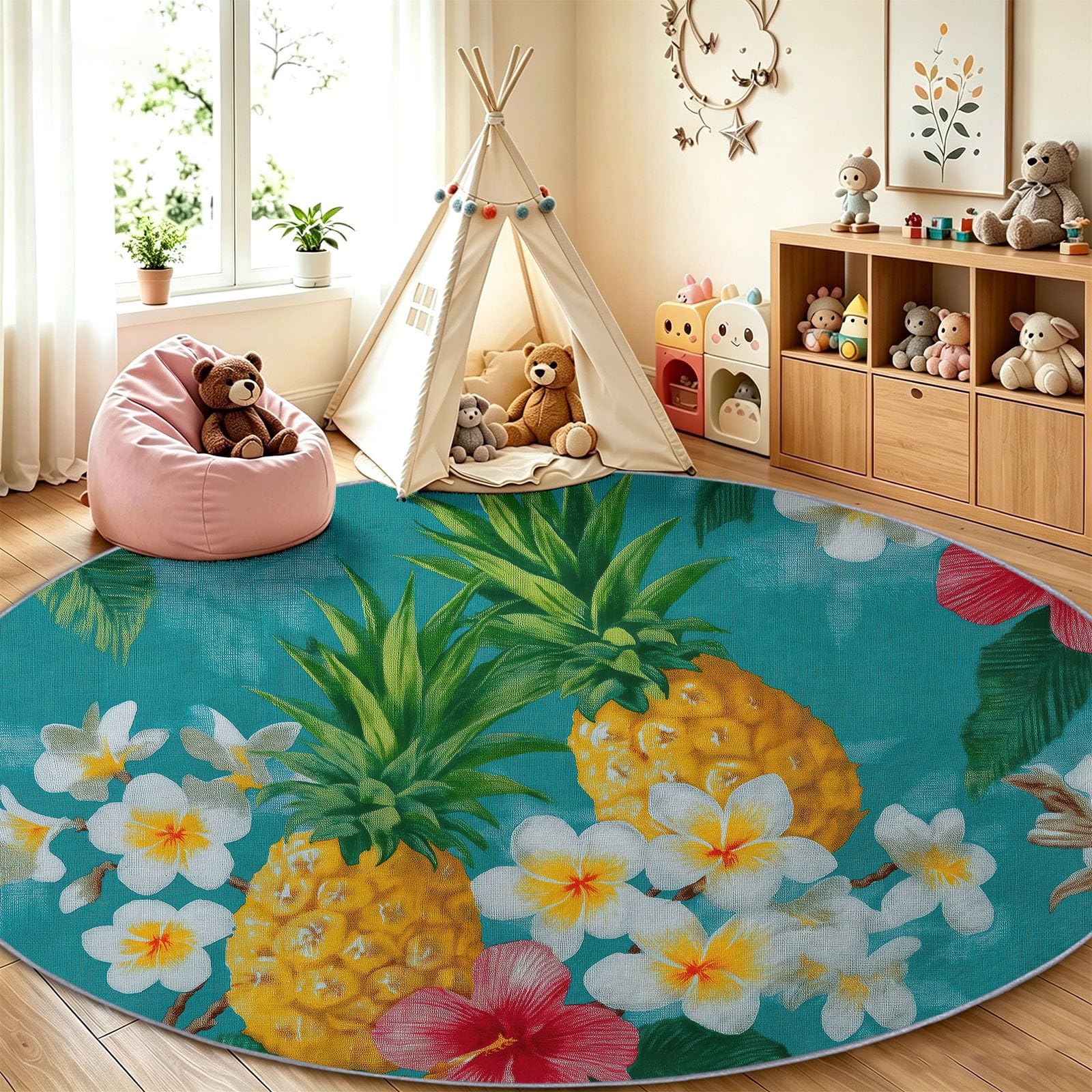 Générique Tappeto rotondo per soggiorno, 120 cm, blu, tropicale, anas, frangipanier piante verdi, morbido e antiscivolo, a pelo corto, facile da mantenere, ideale per camera da letto, sala da pranzo e