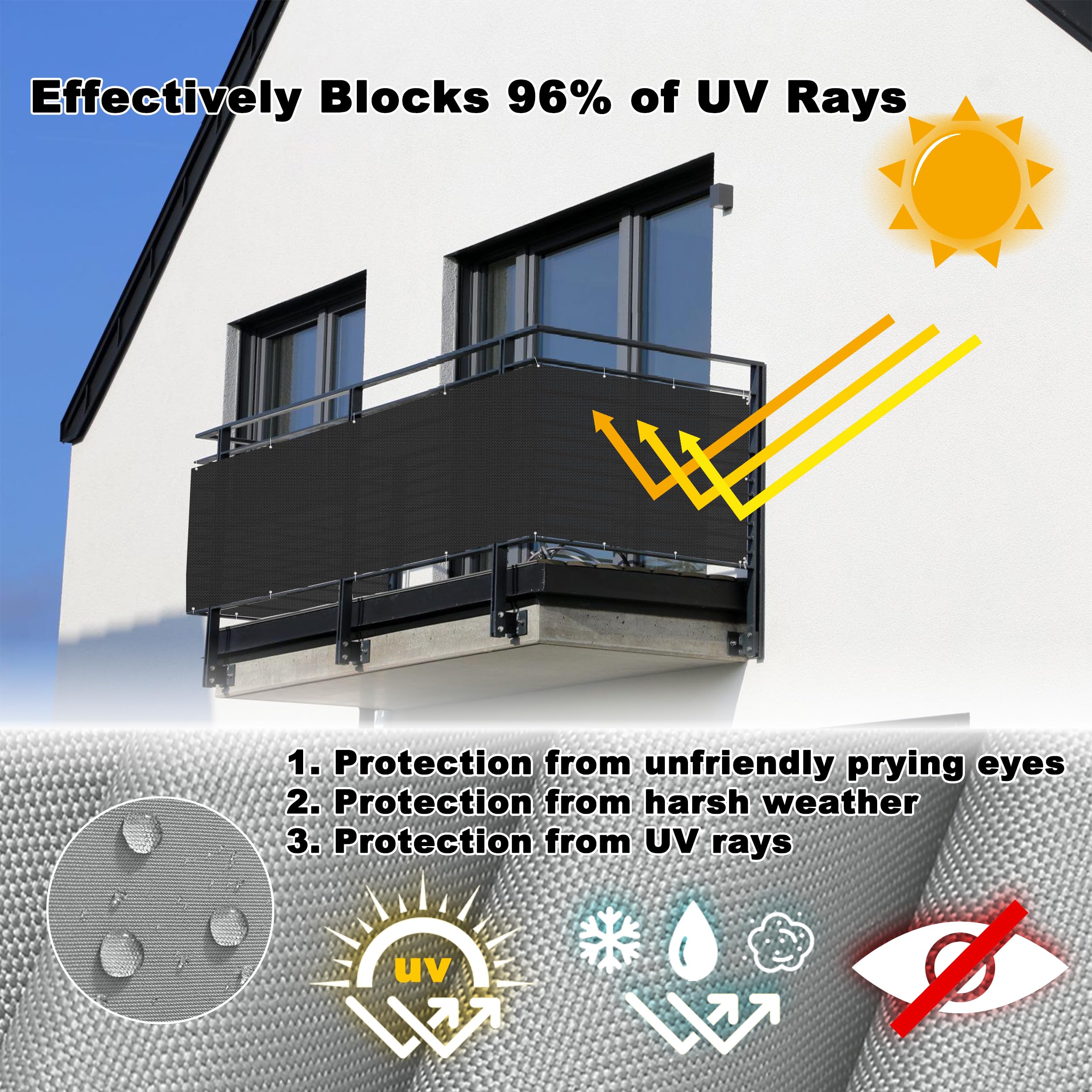 Schwarze UV-Netzabdeckung, 110 x 850 cm, strapazierfähiges 165 g/m² HDPE-Gewebe mit Ösen, Nylon-Kabelbinder und Kordel, ideales Balkonnetz für Zaun oder Geländer