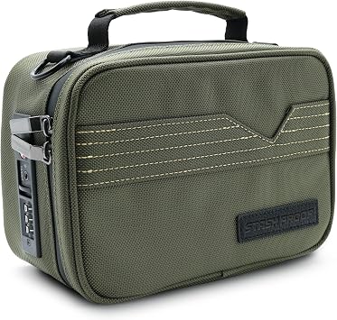Storage Case with TSA Combination Portable Lock Bag, Carbon Lined Medicine Lockable Box, Travel Pack & Home Secured odor-resistant Organizer Divider Jars Accessories, Removable Tray Green