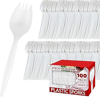 Stock Your Home 100 Disposable Sporks, White Plastic Sporks – Kid Safe 2 in 1 Utensils – Fork Spoon Perfect for School Lunch, Picnics, Catered Events, Restaurants and Kids Birthday Parties