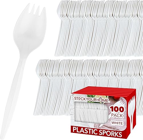 Miniatura 10 de Sporks desechables (paquete de 50) tenedores de plástico blanco, sin BPA, seguros para niños, utensilios 2 en 1, cuchara de tenedor de peso pesado