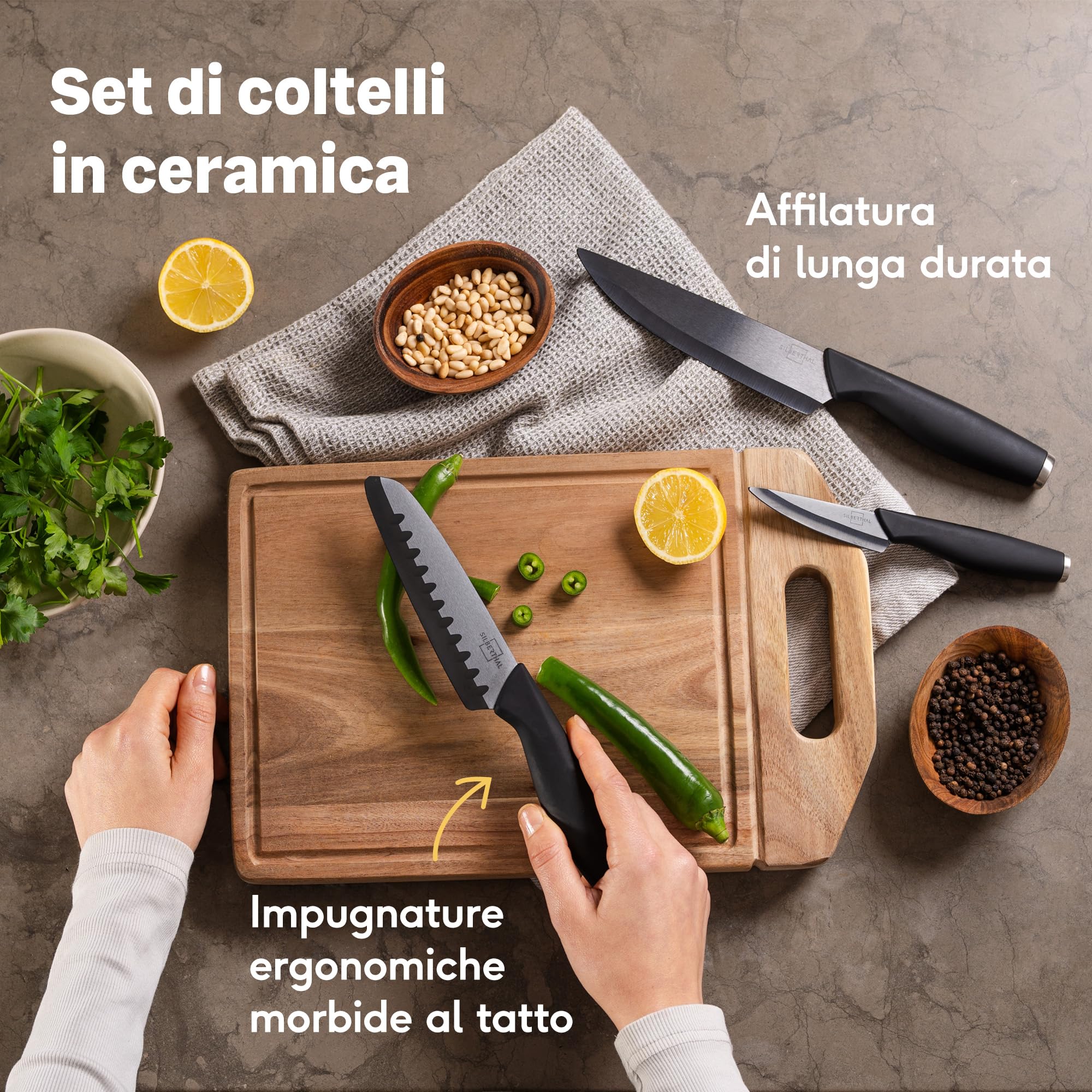 SILBERTHAL Set coltelli ceramica cucina professionali - Con coprilama e manici ergonomici - Nero