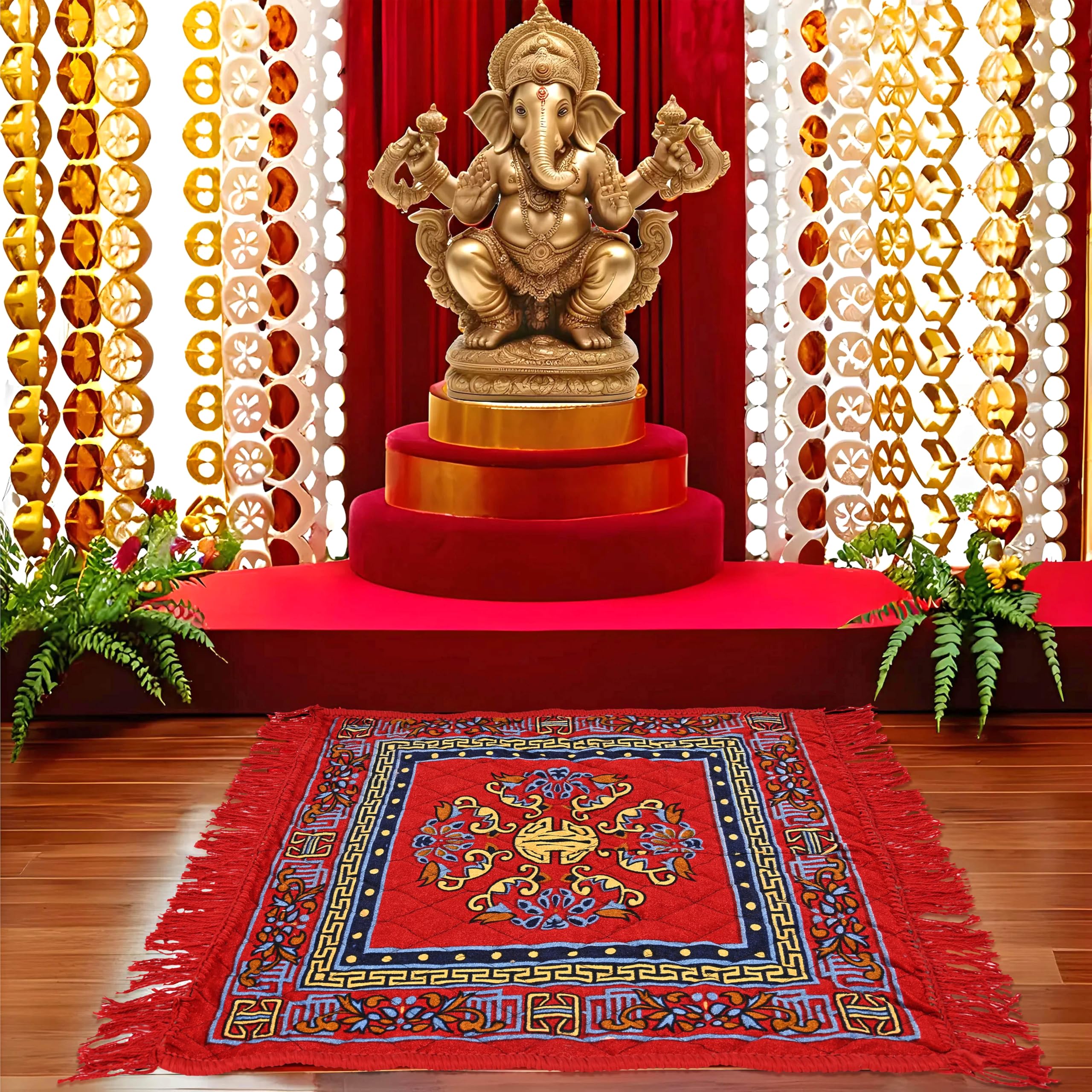 Kuber Industries (Set of 4) Traditional Asana for Puja - Soft Velvet Aasan for Pooja | Prayer | Sitting | Meditation - Small Carpet Mat Rug for Floor - (Red & Maroon Color)