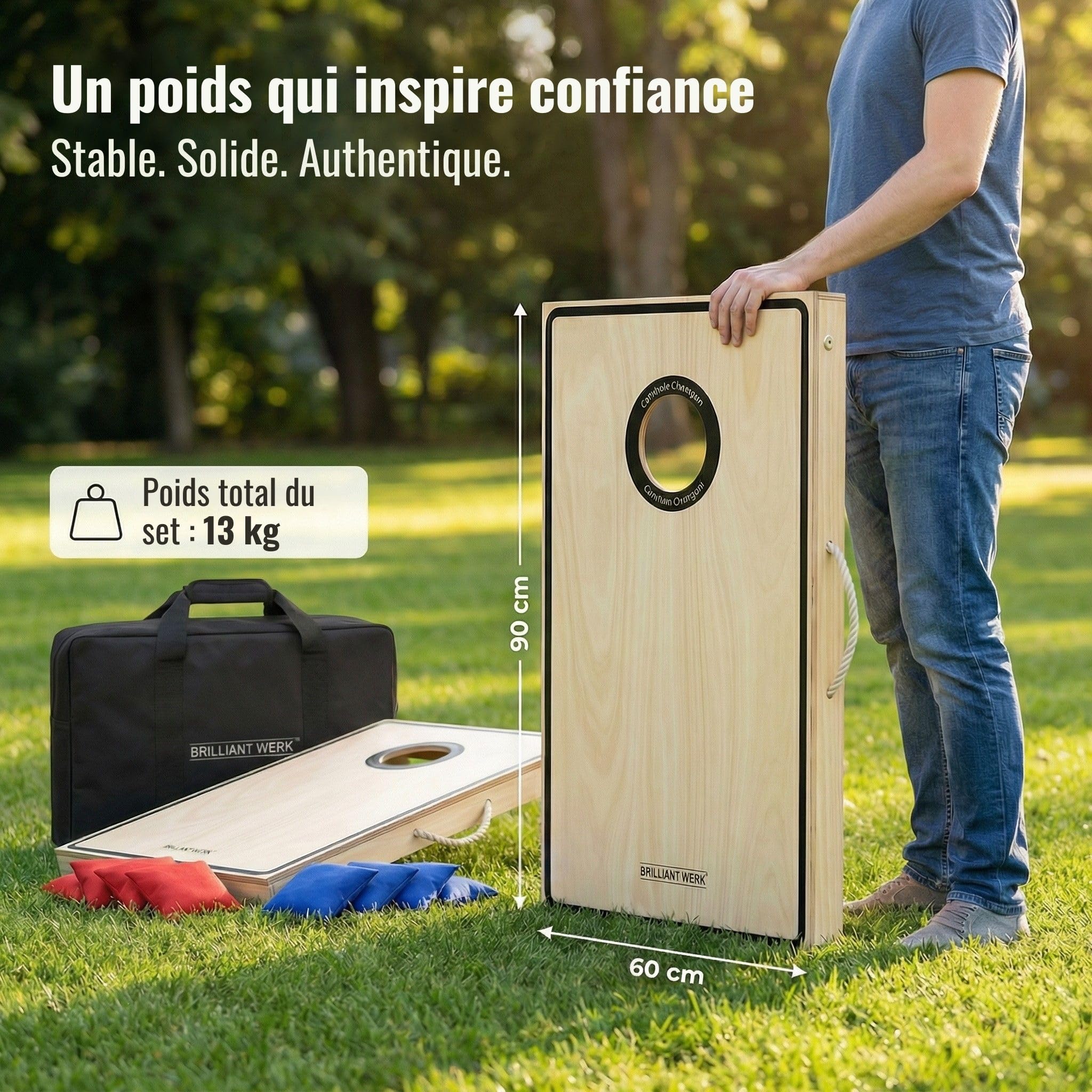 Briliantwerk® Cornhole – Set Complet Officiel en Bois avec 2 Planches, 8 Sacs & Housse | Jeu de Lancer extérieur pour Adultes & Enfants – Idéal Jardin & Plage
