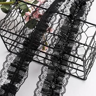HAVII 5yards Pleated Lace Ruffle Trim Ribbon, Black Double-Layer Embellishment Fabric Ribbon for Sewing, Crafting, Dress, Lingerie Decoration