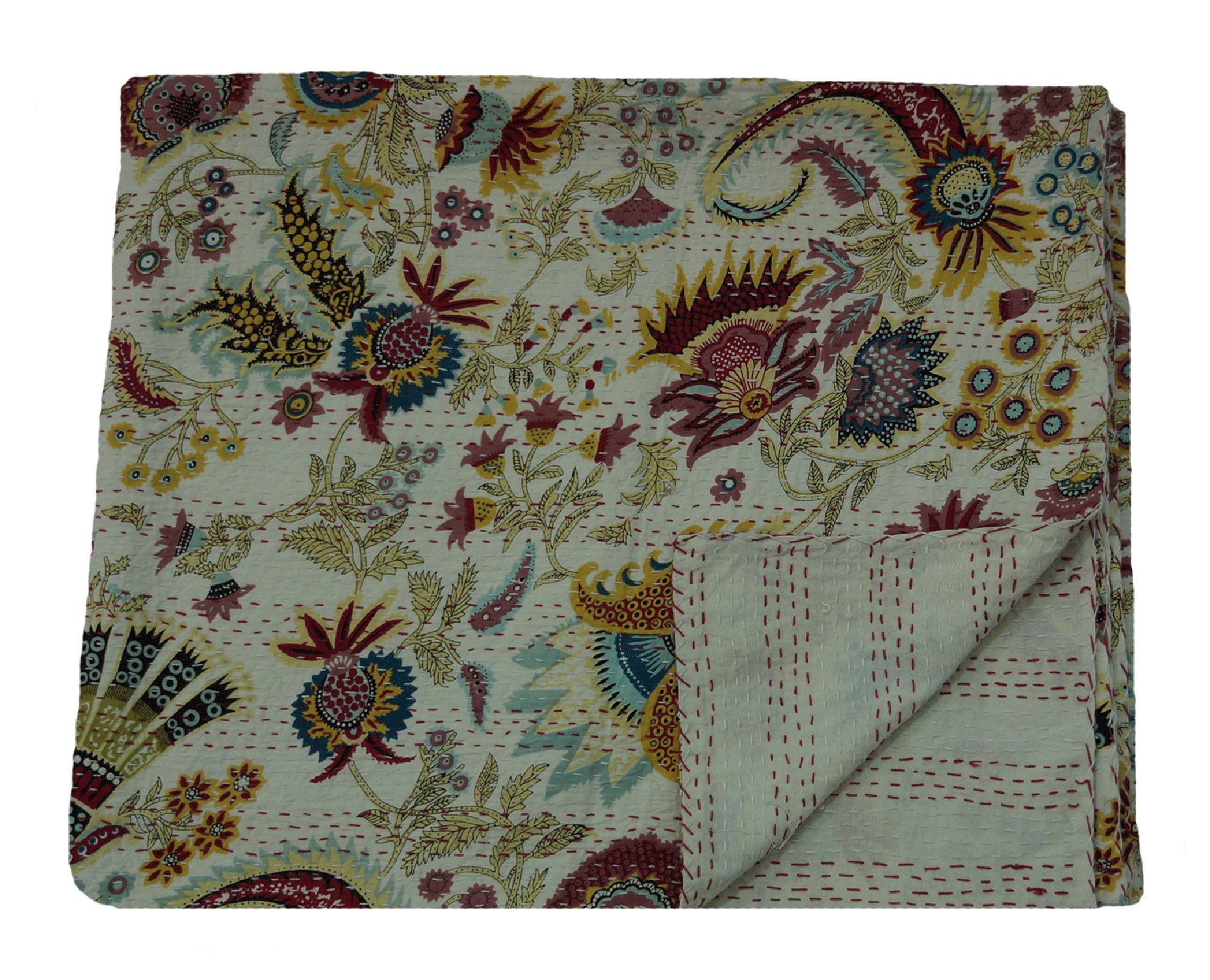 My Craft Palace White Indian Cotton Bed Cover Ethnic Crown Pattern Blanket Queen Size Kantha Quilt