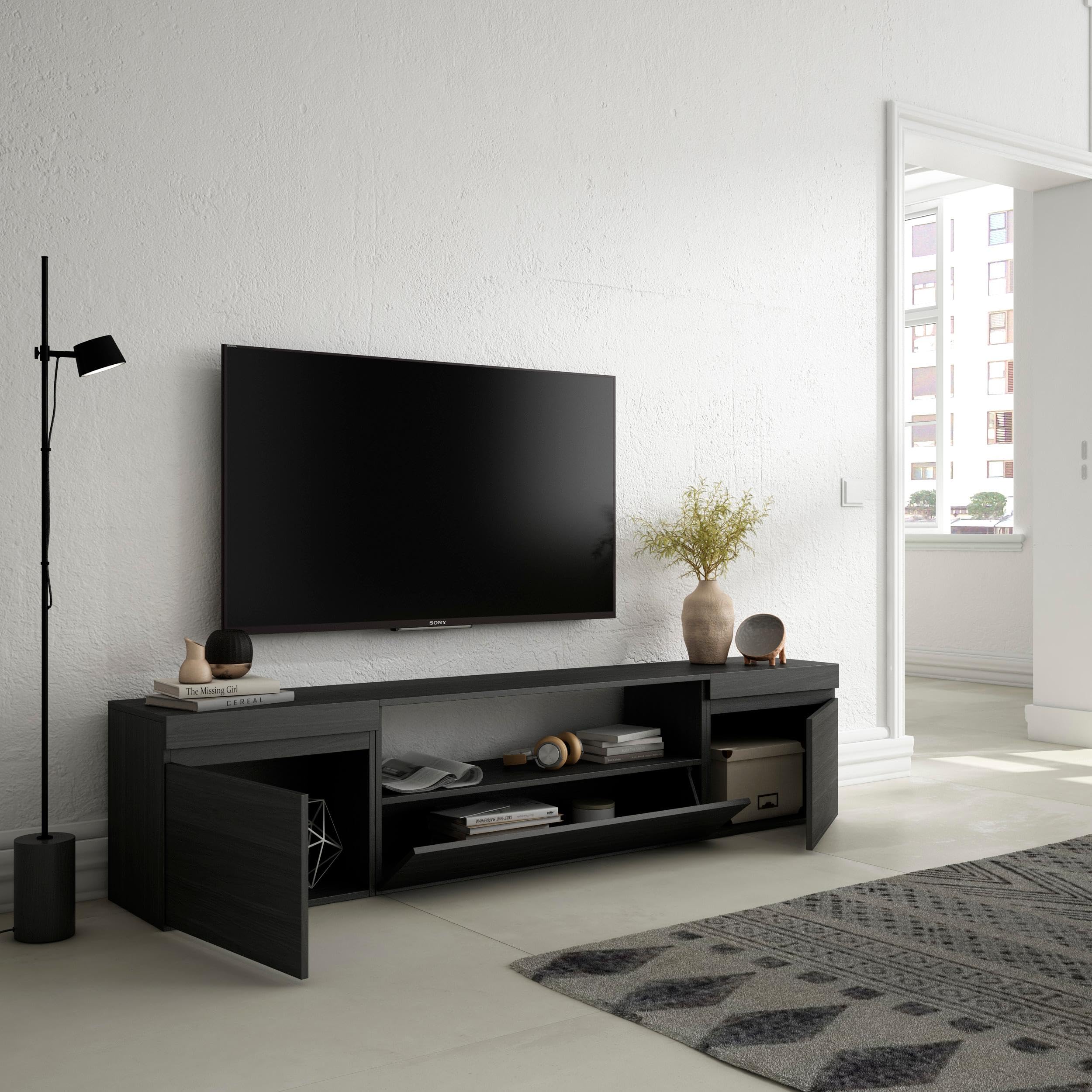 Skraut Home | Mobile TV Soggiorno | Ampio spazio a disposizione | 200x45x35cm | Per TV fino a 80" | Mobile Soggiorno | Stile moderno | Nero