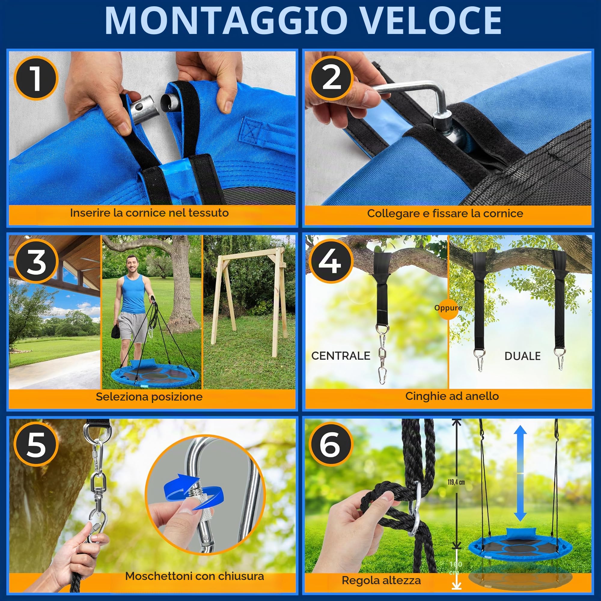 SereneLife Altalena da Giardino per Bambini Rotonda 102 cm con Kit di Fissaggio Universale, Altalena Corde Regolabili e Cuscino per Uso Esterno