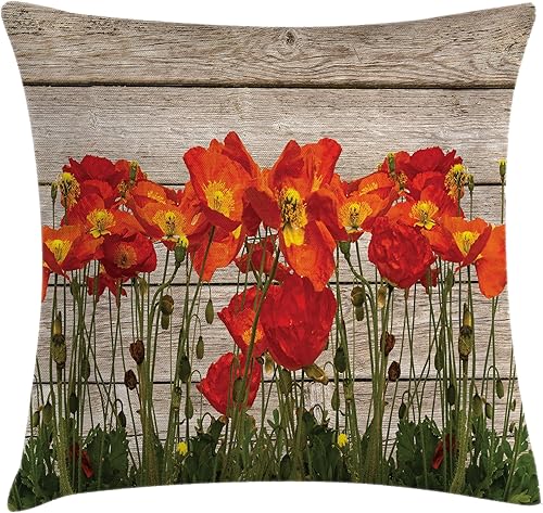 Ambesonne Funda de cojín rústica, línea cercana de pétalos de amapola, campo, prado, verano, vacaciones, planta solar, tema floral, funda de