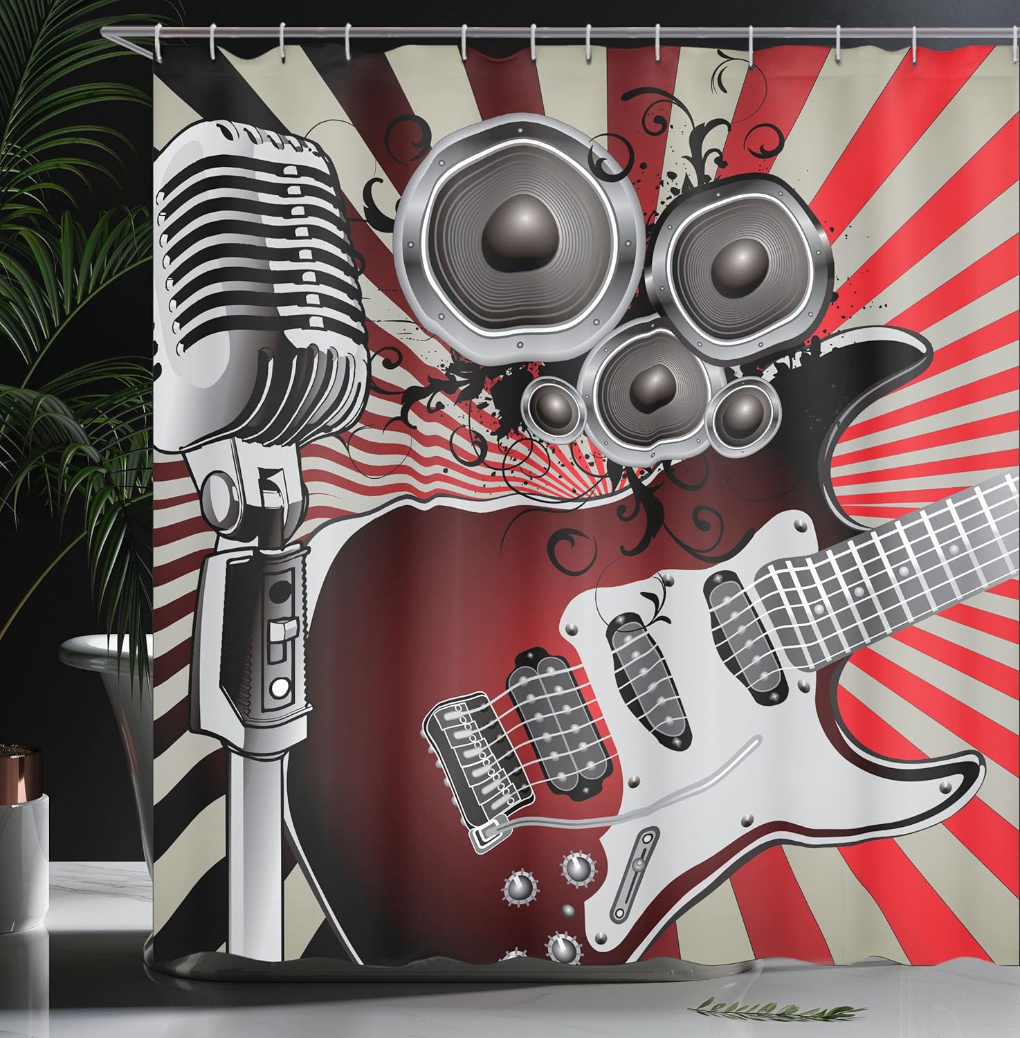 Ambesonne Music Shower Curtain, Music Old Fashioned Speaker Loudspeaker Geometrical Striped Background, Cloth Fabric Bathroom Decor Set with Hooks, 69" W x 75" L, Burgundy Beige Grey