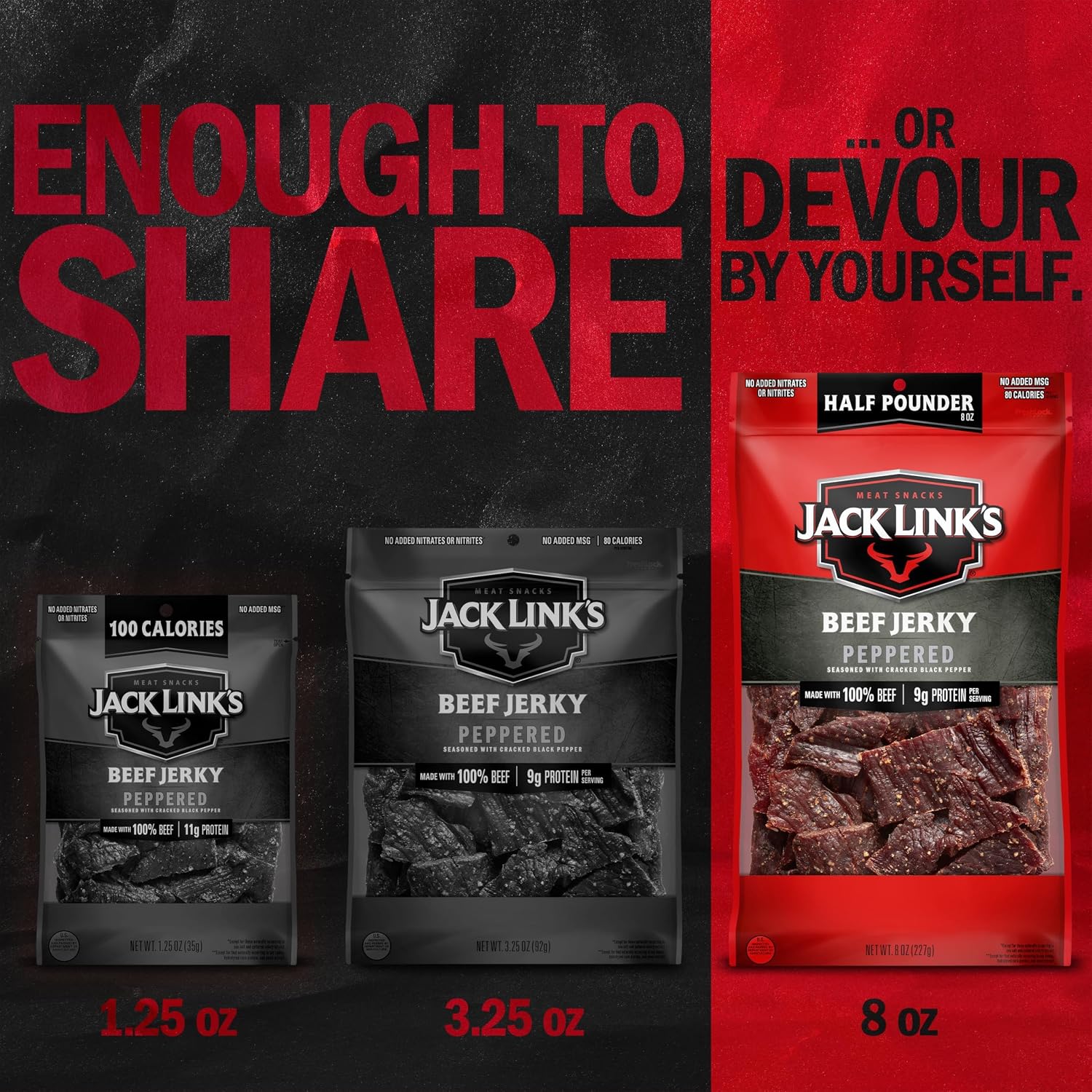 Jack Link's Peppered Beef Jerky Half Pounder - 8 oz Large Jerky Bag - Ready to Eat Real Meat Protein Snacks - 9g Protein per Serving - Made with 100% Real Beef | Large Jerky Bag - Ready to Eat Real Meat Protein Snacks - 9g Protein per Serving - Made with 100% Real Beef
