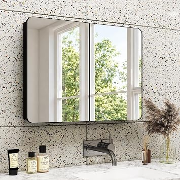 Black Double Door Medicine Cabinet with Mirror, 32 x 24 Inch Fully Assembled Recessed or Surface Mount Bathroom Medicine Cabinet, Metal Mirrored Cabinet with Adjustable Storage Shelves