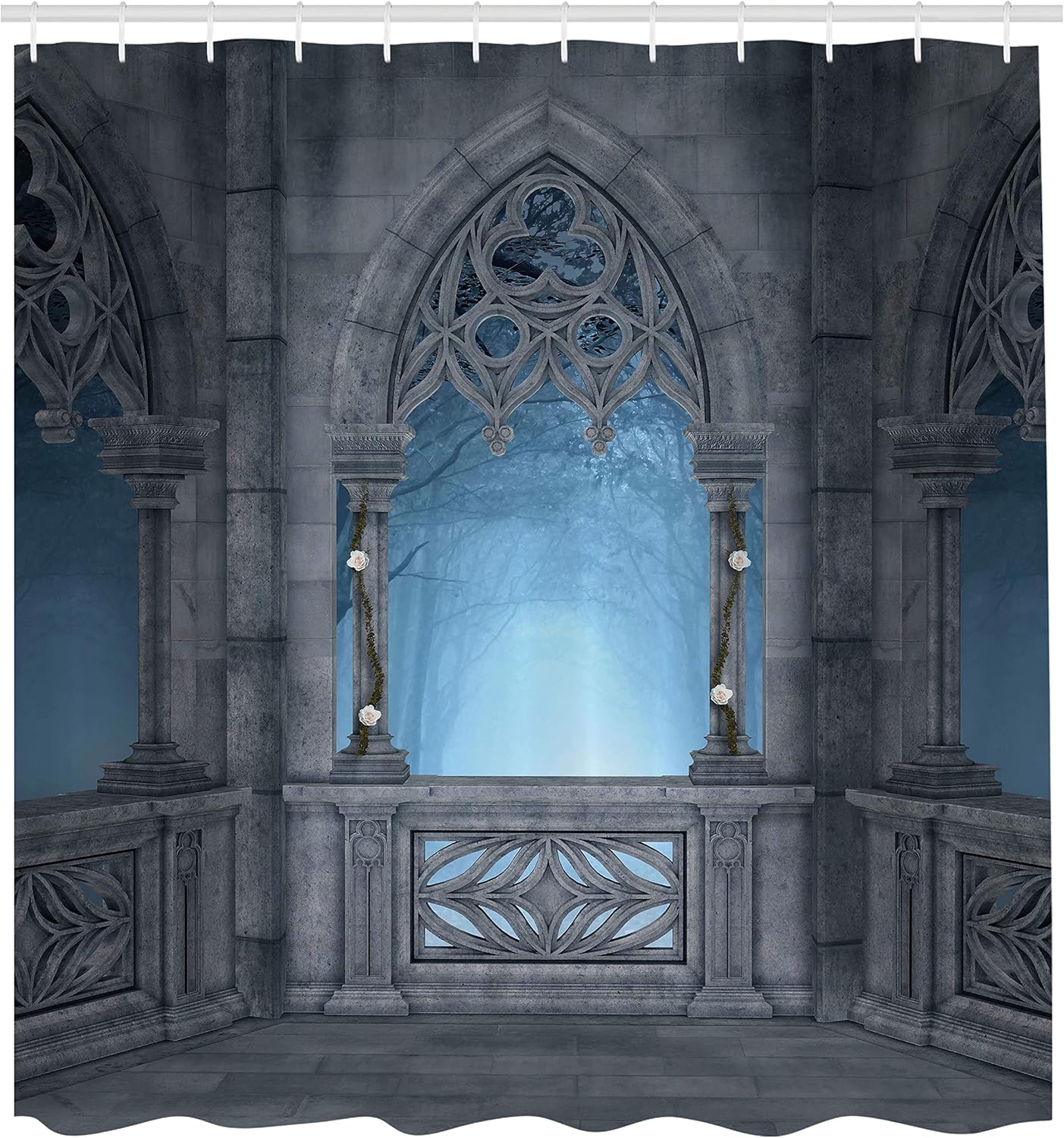 Ambesonne Cartoon Shower Curtain, Fantasy World Castle Architecture Details Terrace Gazebo Indoor Foggy Forest, Cloth Fabric Bathroom Decor Set with Hooks, 69" W x 84" L, Grey Pale Blue