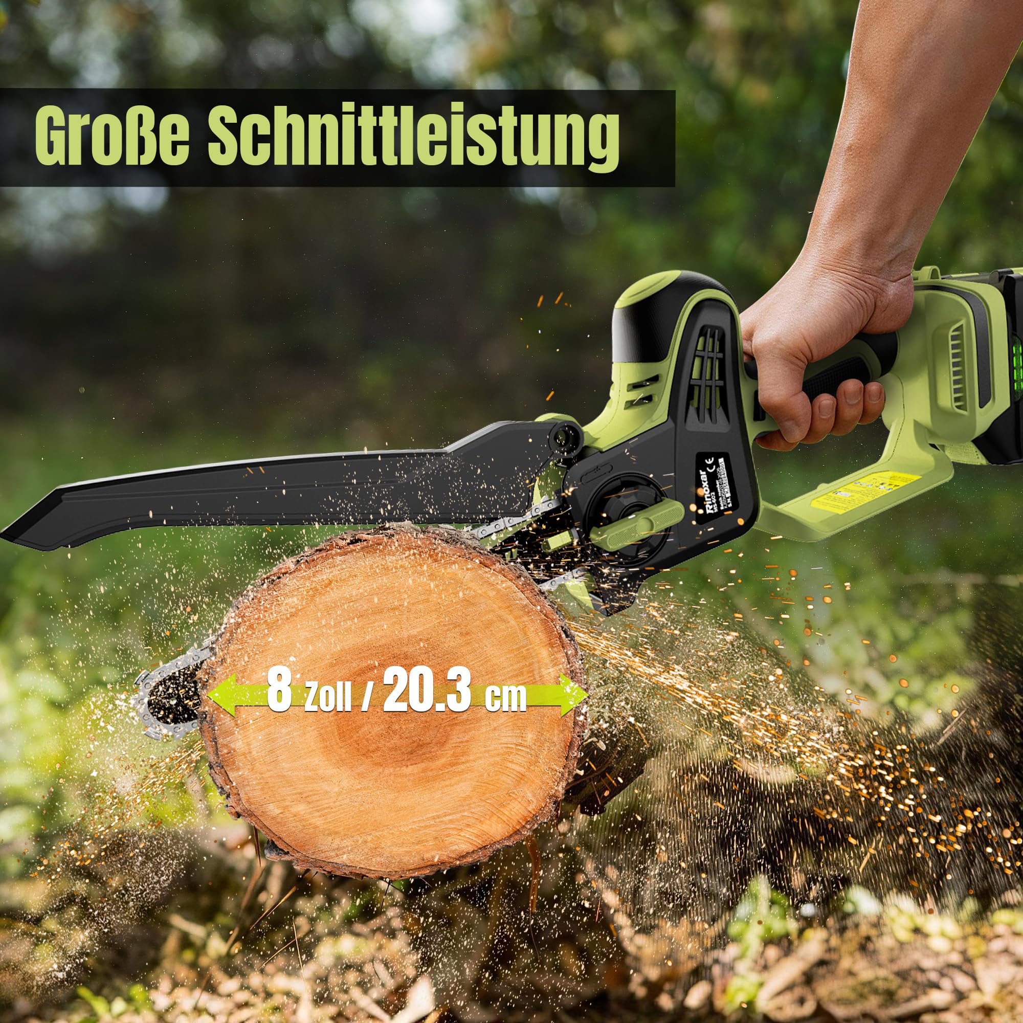 Mini Akku Kettensäge 8 Zoll, Bürstenlos Handkettensäge mit 2 * 5200mAh Akkus, Einhand Astsäge mit Automatischer Öler, Ersatzkette, Werkzeuglose Kettenspannung, Elektrisch Säge für Gartenarbeit
