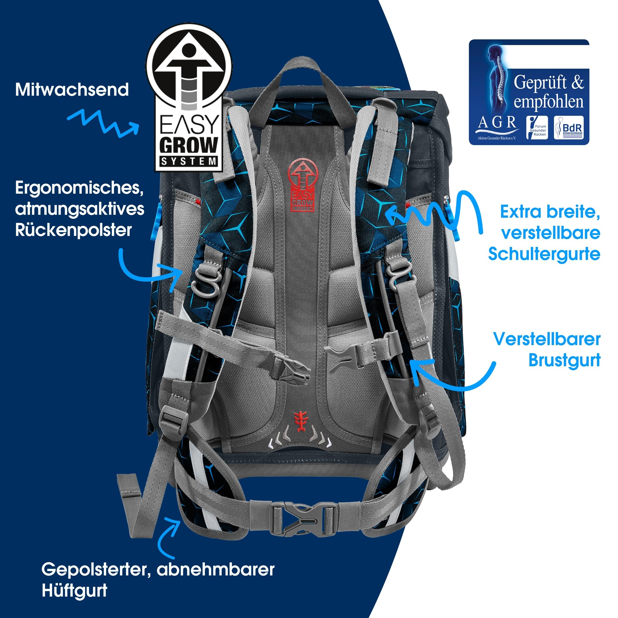 Step by Step Schulranzen-Set Space Shine „Shark Dexter“ 5-teilig, ergonomischer Tornister aus reflektierendem Material, höhenverstellbar, ab 1. Klasse, 20L, blau-schwarz, Hai