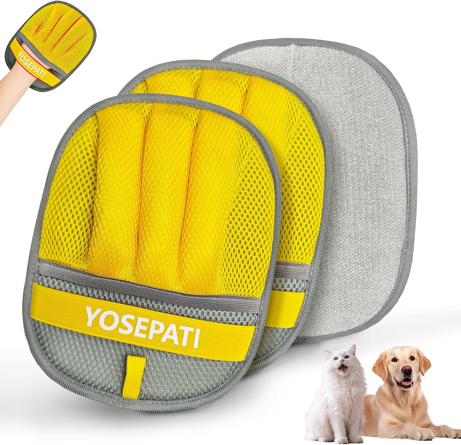 2 Pack Magic Brush Pet Hair Removal Gloves for Cat & Dog, Ectrostatic Five-Finger Fur Remover, The Magic Brush Pure Path Grooming Remover Glove for Laundry, Carpet & Car Seat (Grey & Yellow)