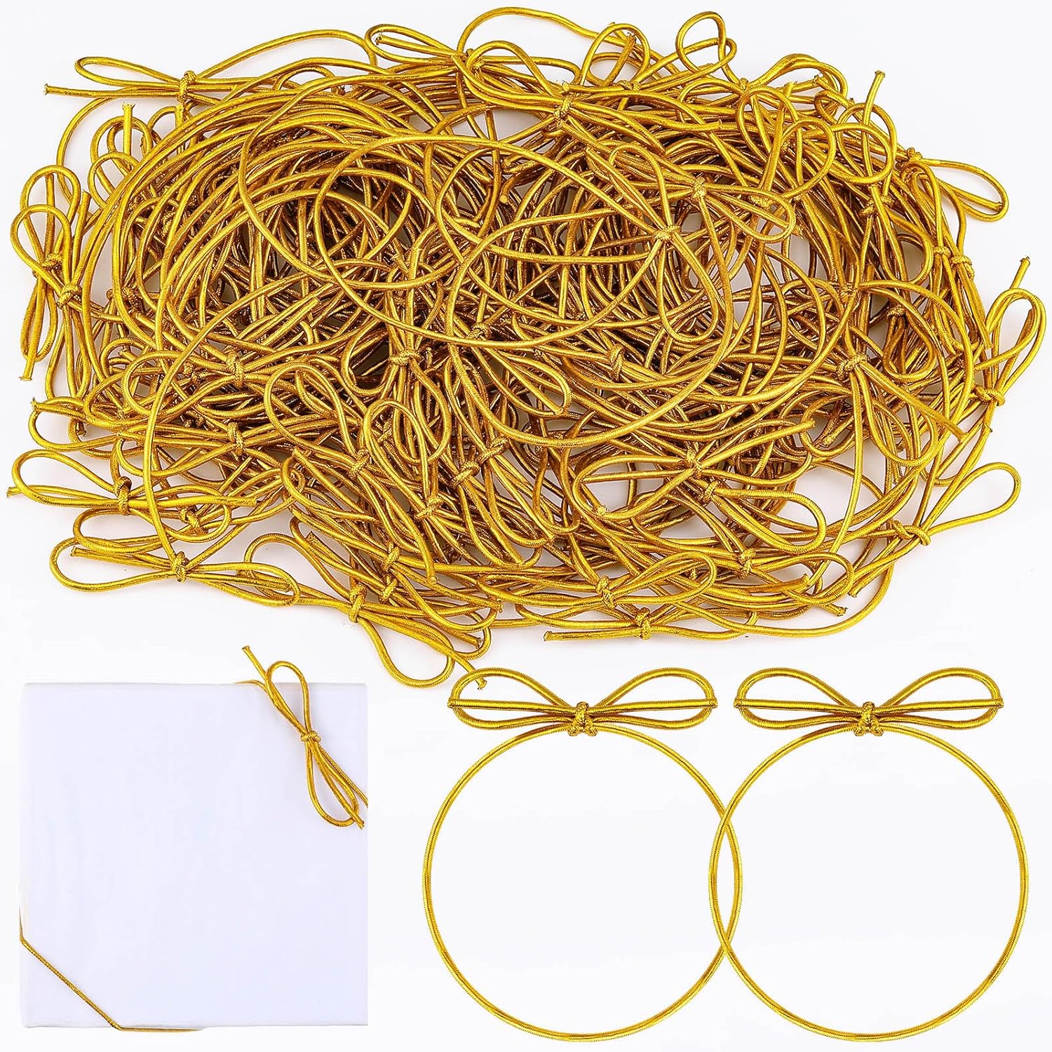 Vercraft 200 Pcs Gold Stretch Loops with Pre Tied Bows Metallic Elastic Ribbon String Elastic Cord for Gift Boxes Tags Gift Wrapping Crafts(10 Inch,Gold)