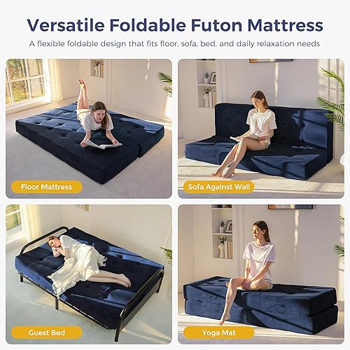 Miniatura 4 de MAXYOYO Colchón tipo futón de 8 pulgadas tamaño matrimonial con asas, sofá cama plegable copetudo (marco no incluido), colchón plegable versátil