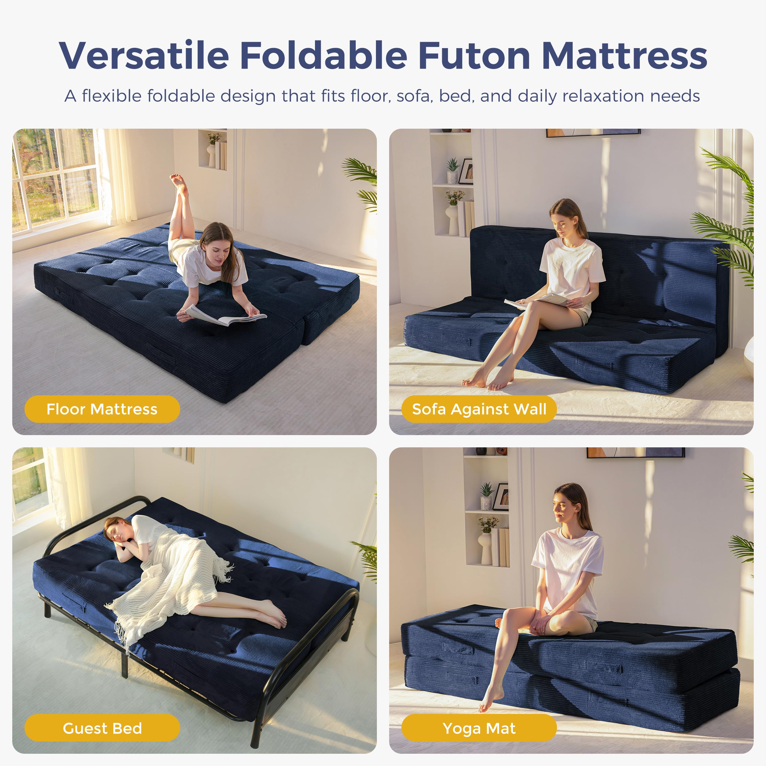 MAXYOYO Foldable Mattress, 8-Inch Tufted Futon Mattress with Handles | Tufted Floor Sofa Bed and Versatile Mattress, Carry Handles for Living Rooms or Guest Rooms, Frame Not Included, Navy
