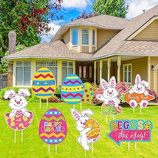 Whaline 8Pcs Easter Egg Hunt Game Yard Sign with 16Pcs Stakes Cute Bunny Lawn Outdoor Decoration for Spring Easter Home Lawn Pathway Garden Decor Party Supplies