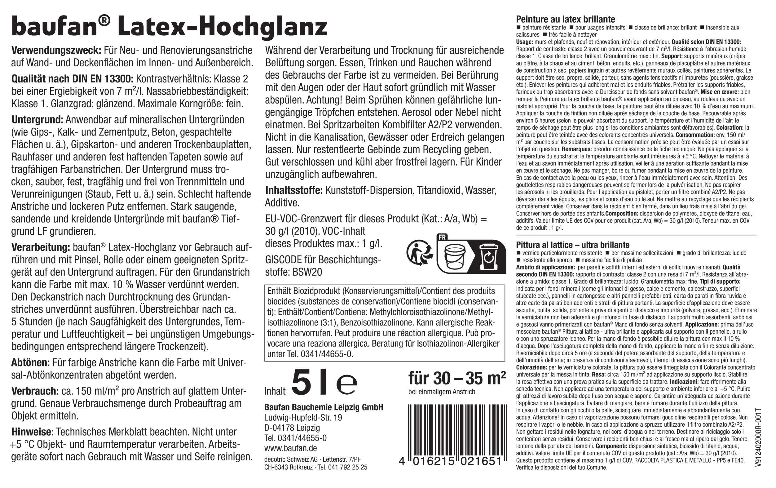 Baufan Latex-Hochglanz Farbe 5l | strapazierfähiger Anstrich | für höchste Beanspruchung | hoch reinigunsfähig | lösemittel- und weichmacherfrei
