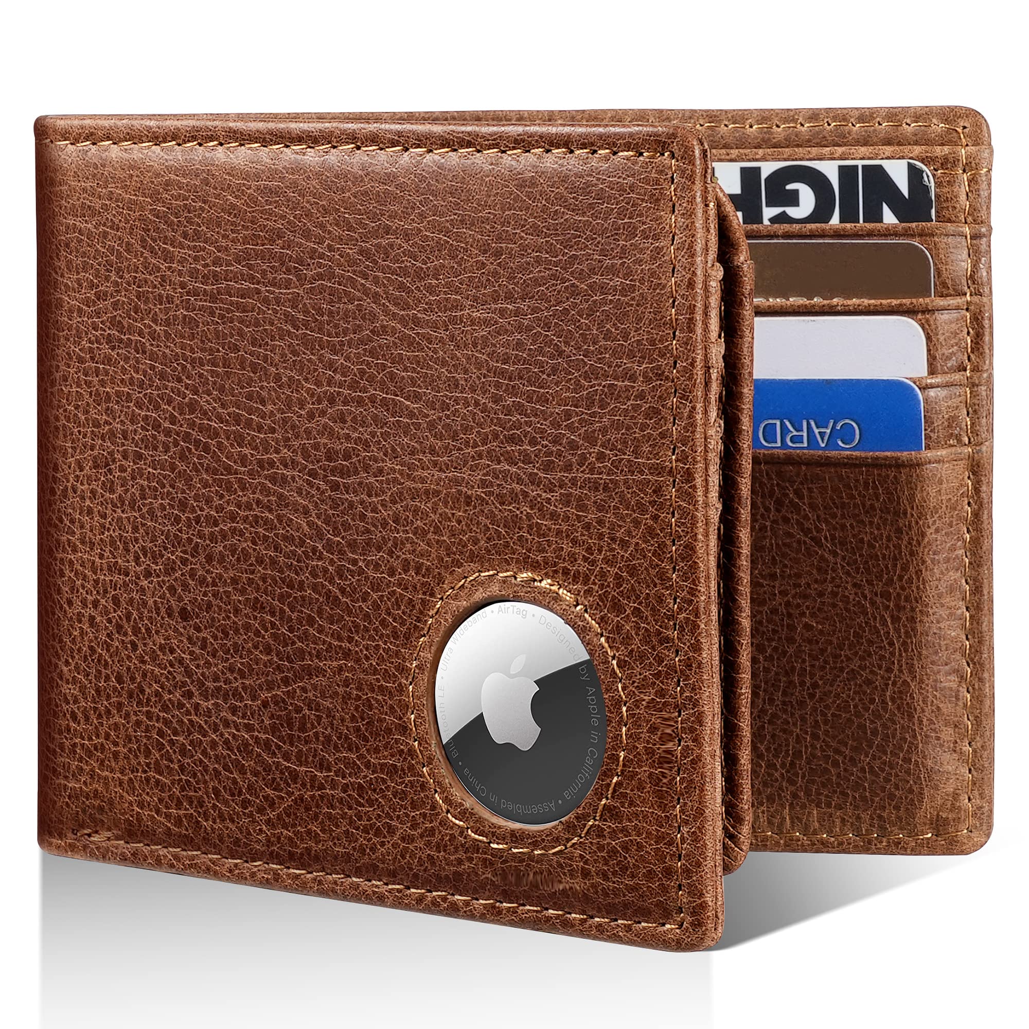 Mens Wallet With AirTag Holder Bifold Leather RFID Blocking 1-2 ID Windows 12-13 Card Holders Gift Box and
