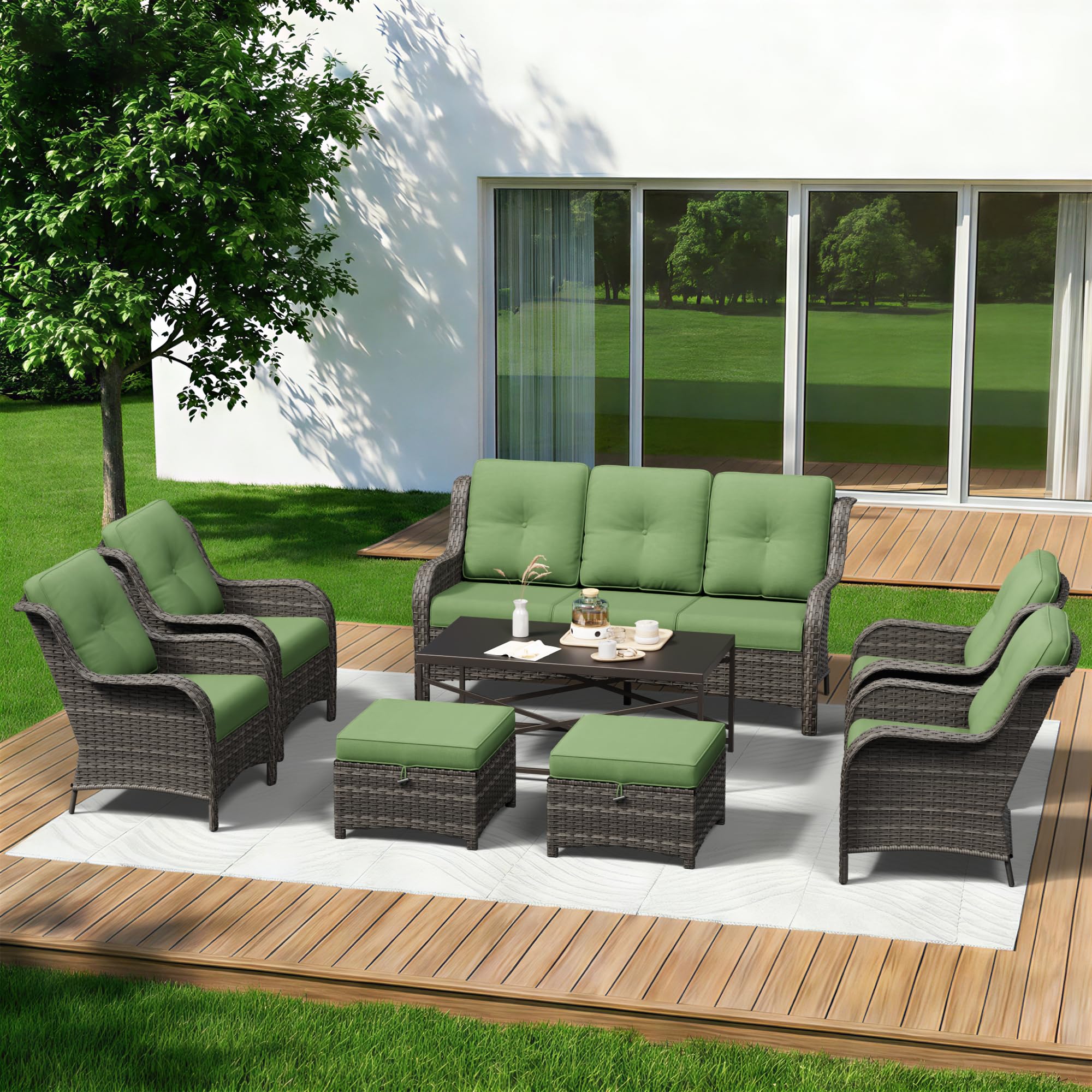 8 Piece Outdoor Wicker Patio Furniture Set, Patio Chairs Set with Thickened Olefin Cushions, High Back and Deep Seating, Hand-Woven PE Rattan, Ottoman for Porch, Deck
