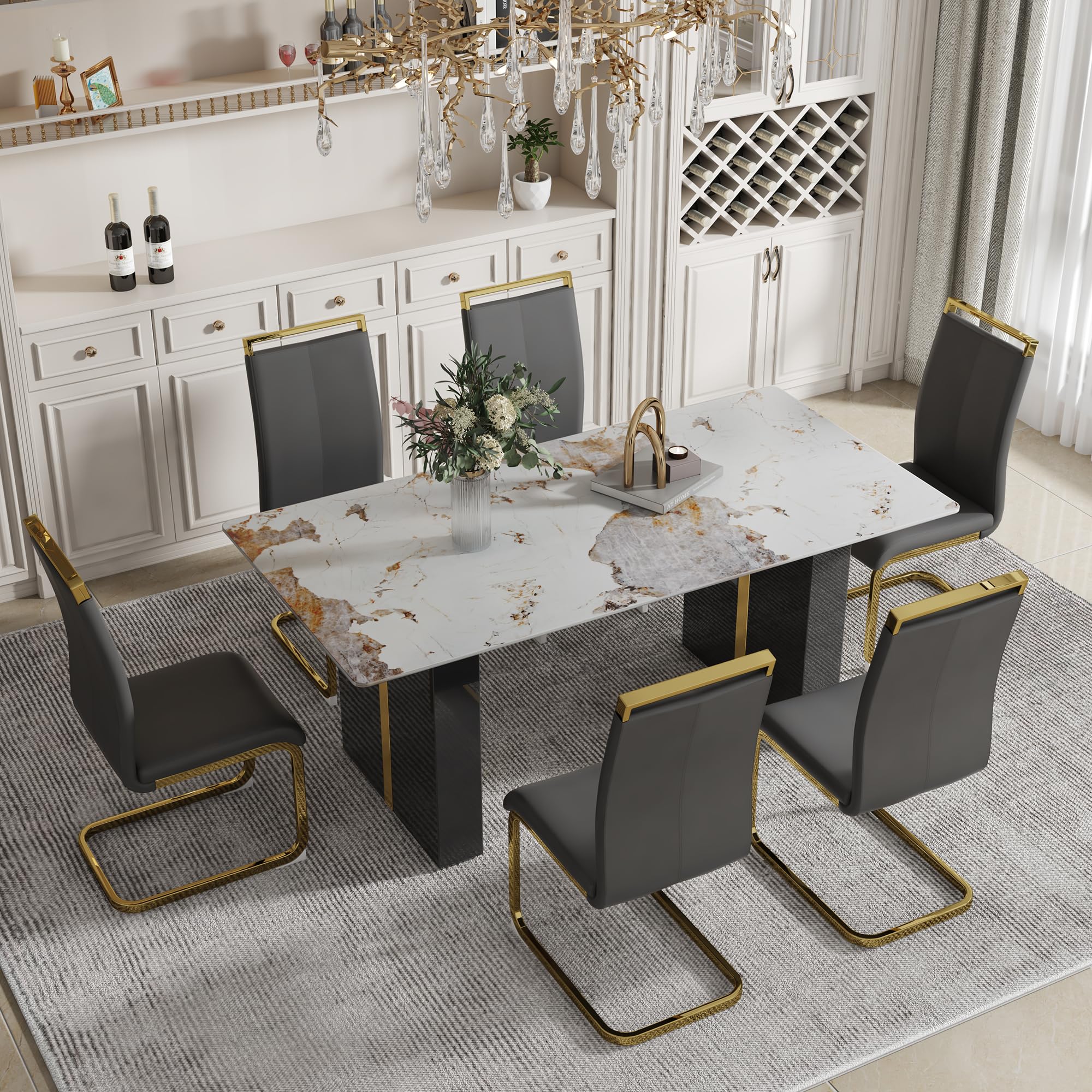 Amazon｜MUUOKY ダイニングテーブル7点セット 71インチ