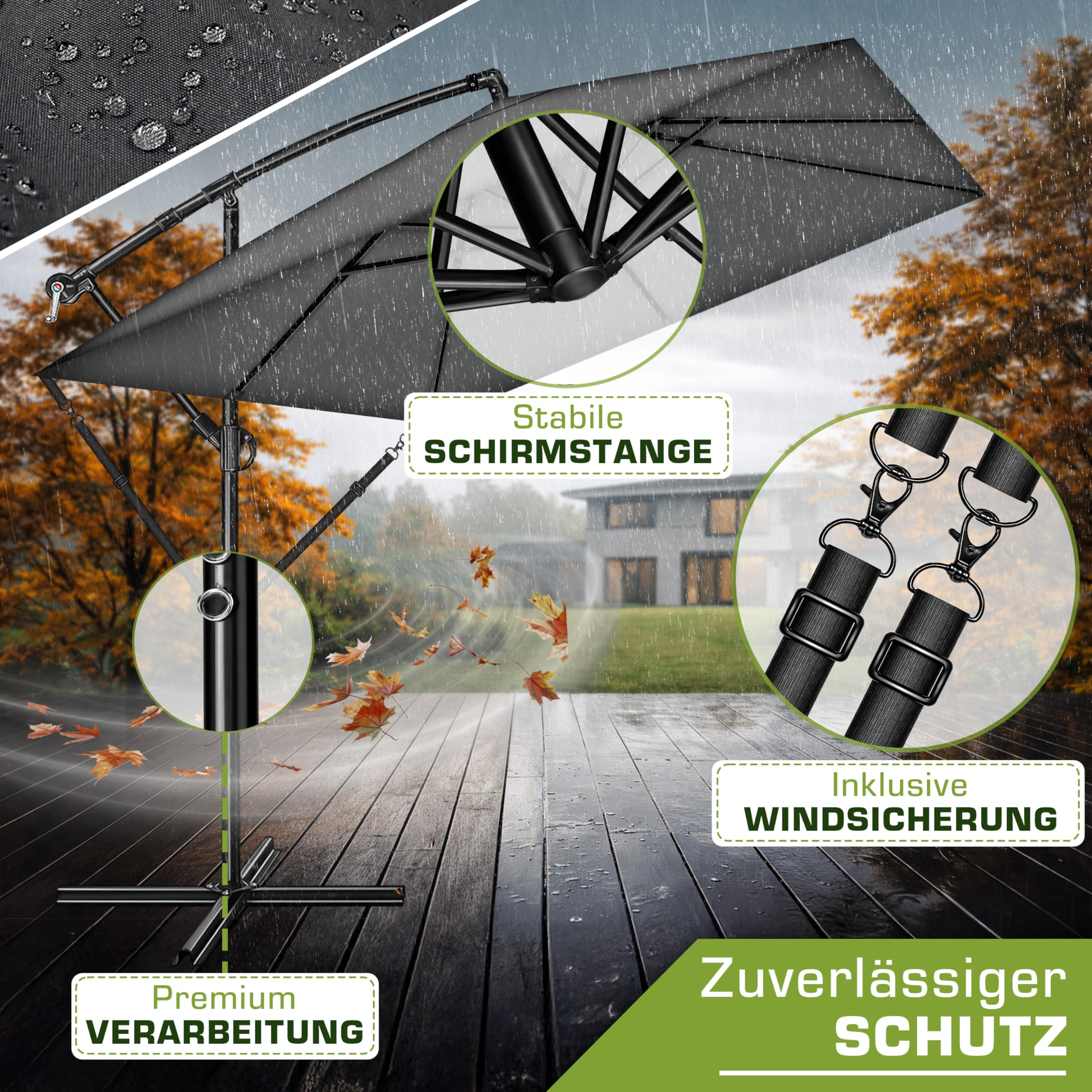 tillvex® Alu Sonnenschirm Rechteckig Ø 330 cm + Abdeckung mit Kurbel | Ampelschirm Aluminium Eckig mit Ständer & Windschutz | Gartenschirm UV-Schutz, wasserdicht, 360° drehbar
