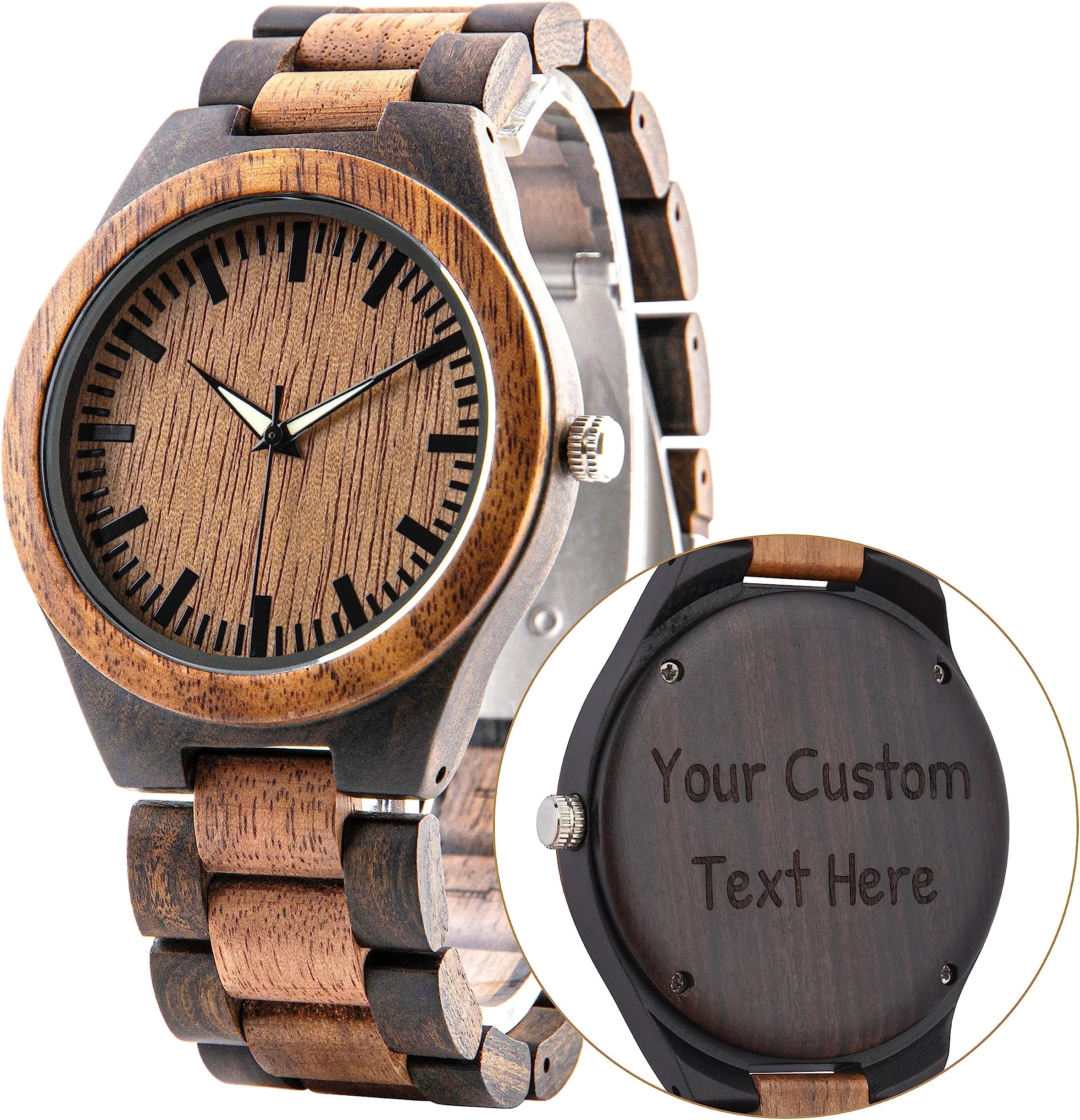 Personalized Wood Watch for Men Custom Wooden Watch with Engraving Anniversary Birthday Watch for Husband Dad Son Walnut and Ebony Watch Luminous Hands