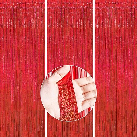 3 Stück Lametta Vorhang Rot - 1x4m Glitzer Vorhang Für Party Deko