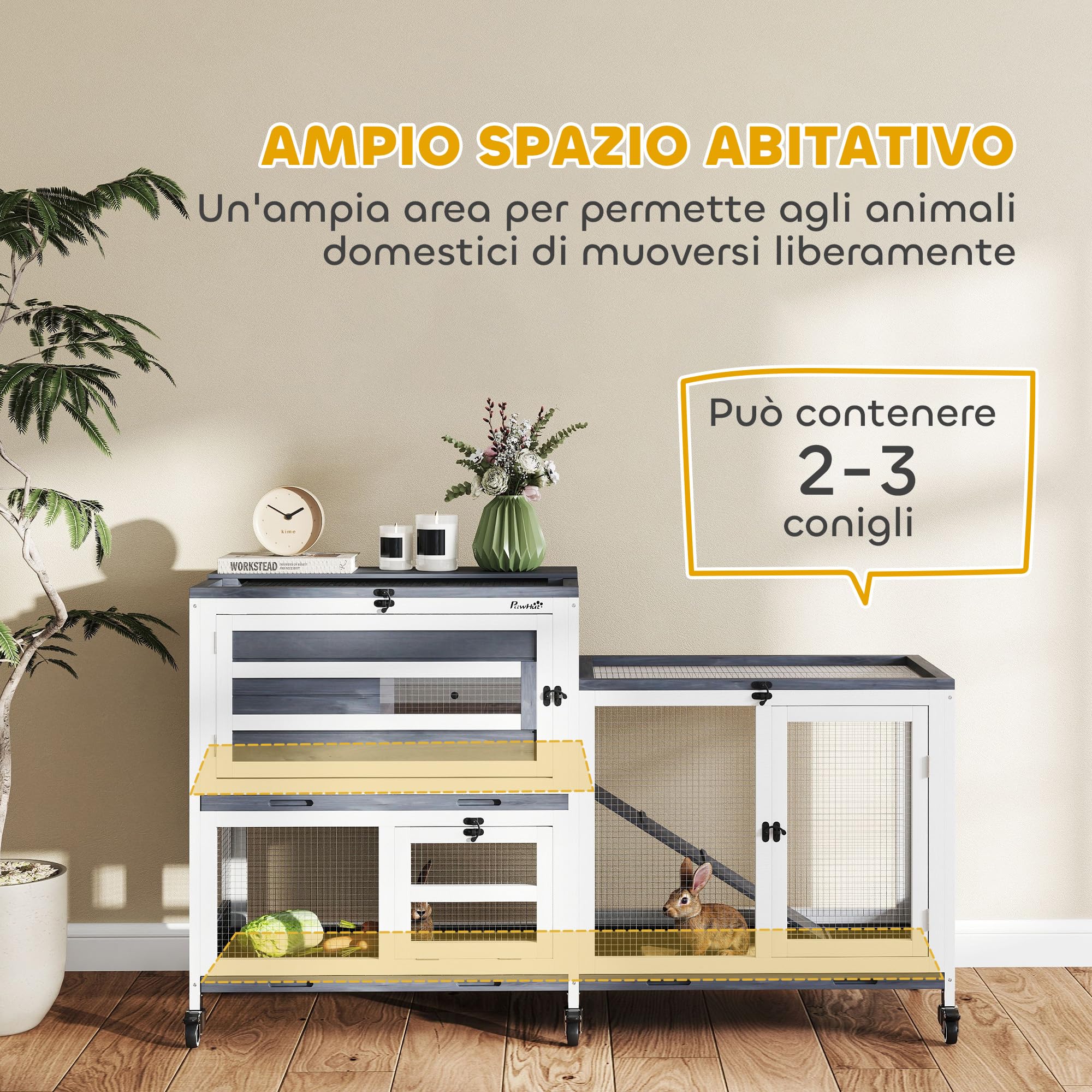 PawHut Conigliera da Interno a 2 Livelli, Gabbia per 2-3 Conigli con 6 Ruote, Rampa, Tetto Apribile, Area Aperta e 3 Vassoi, Cassetta per Conigli in Legno di Abete, 147x45x89.5 cm, Grigio